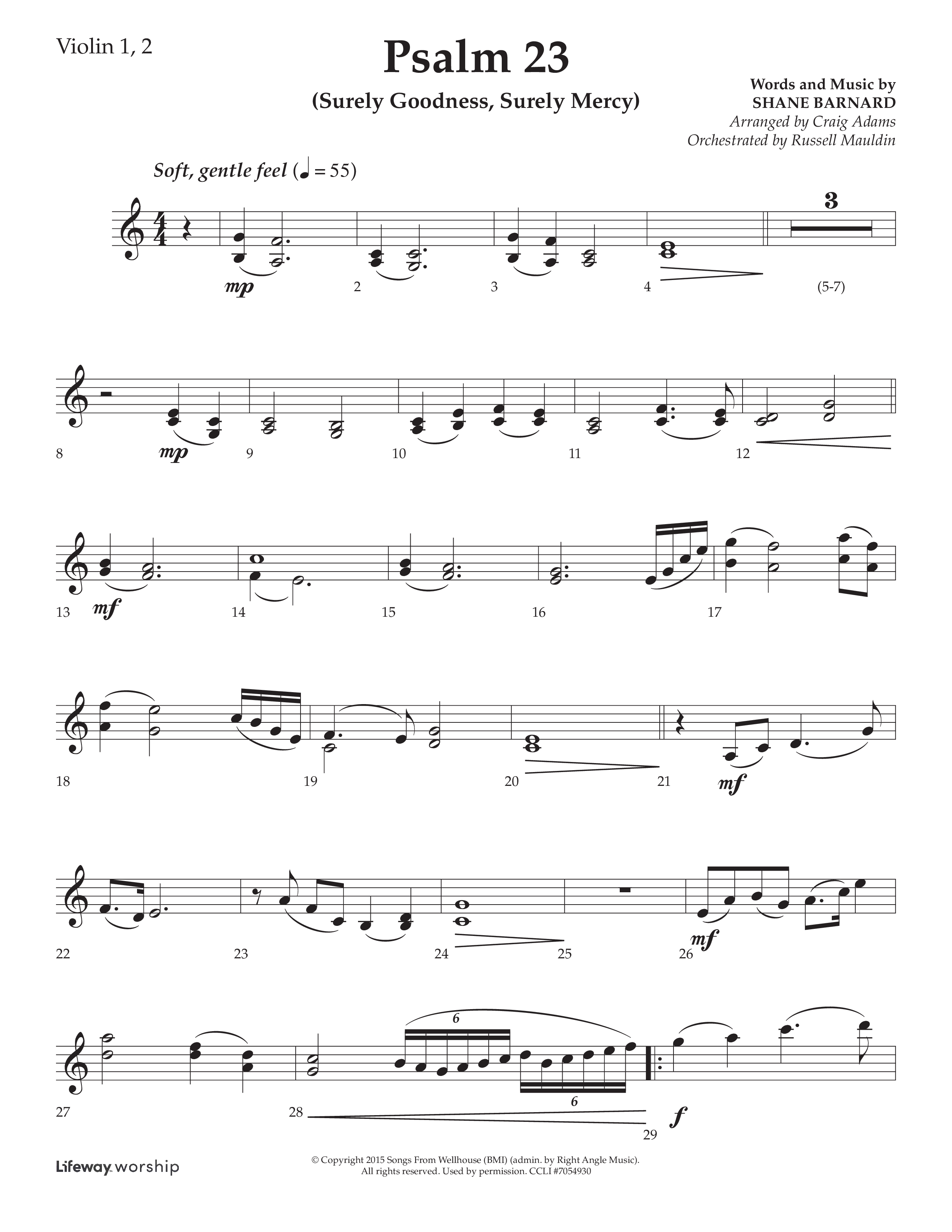 Psalm 23 (Surely Goodness) (Choral Anthem SATB) Violin 1/2 (Lifeway Choral / Arr. Craig Adams / Orch. Russell Mauldin)