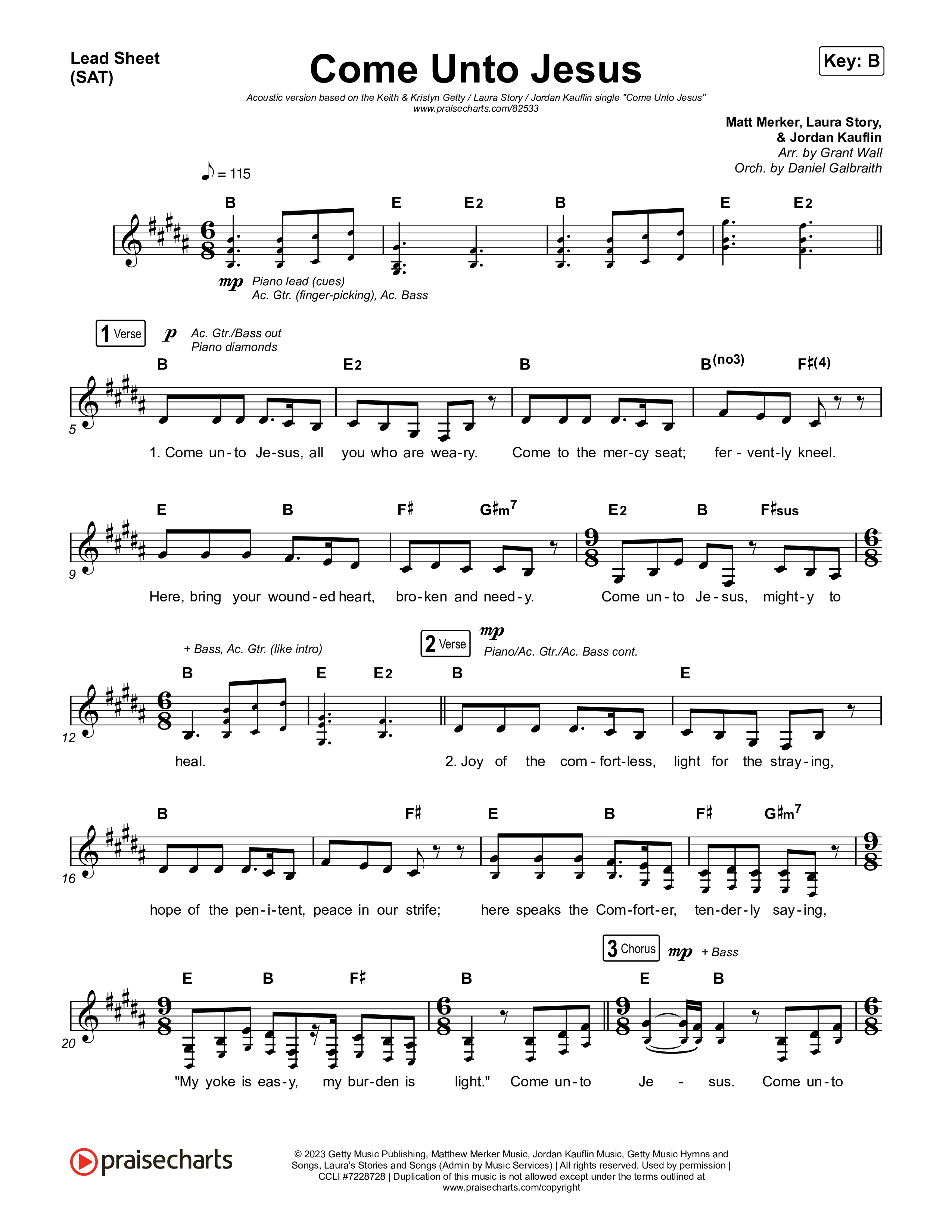Come Unto Jesus (Acoustic) Lead Sheet (SAT) (Keith & Kristyn Getty / Laura Story / Jordan Kauflin)