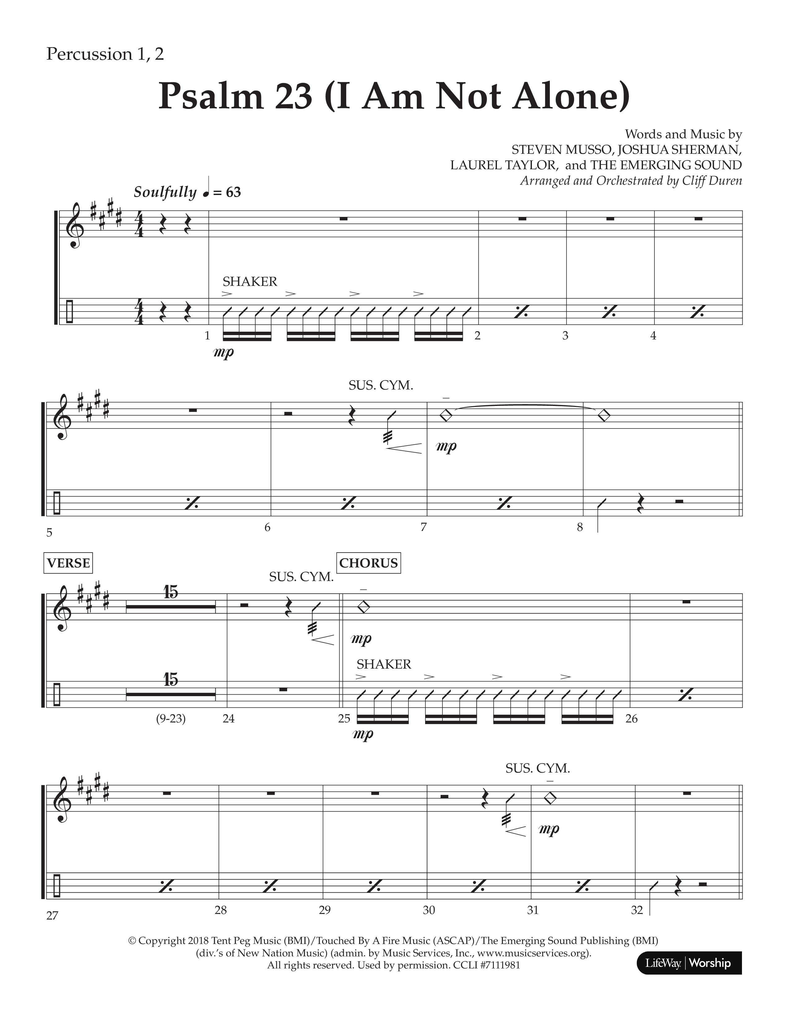 Psalm 23 (I Am Not Alone) (Choral Anthem SATB) Percussion 1/2 (Lifeway Choral / Arr. Cliff Duren)