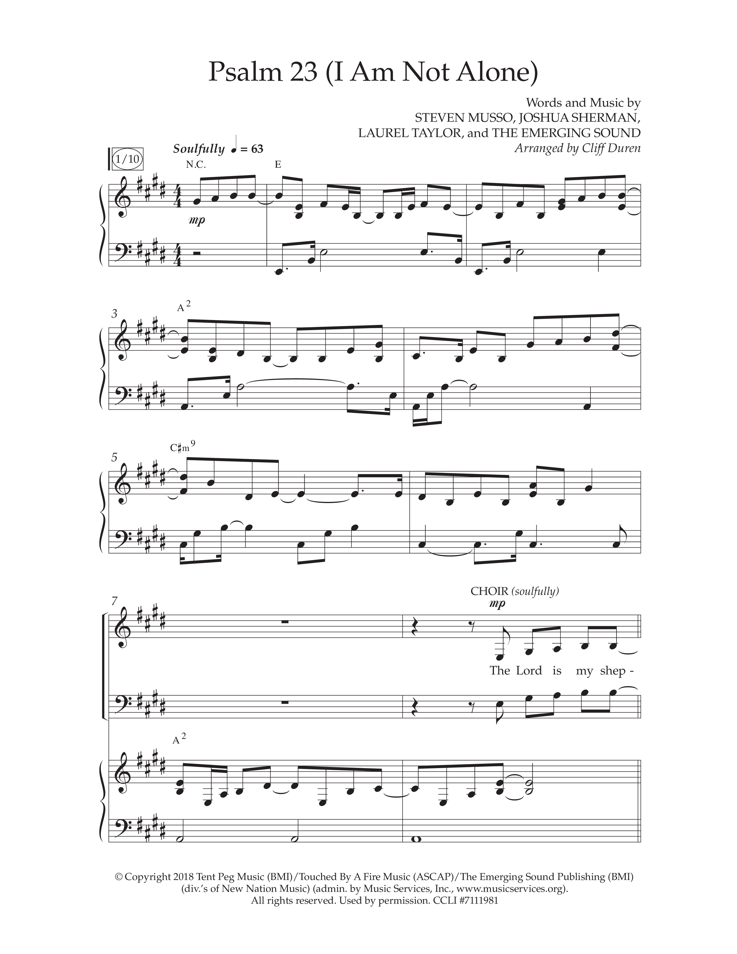 Psalm 23 (I Am Not Alone) (Choral Anthem SATB) Anthem (SATB/Piano) (Lifeway Choral / Arr. Cliff Duren)