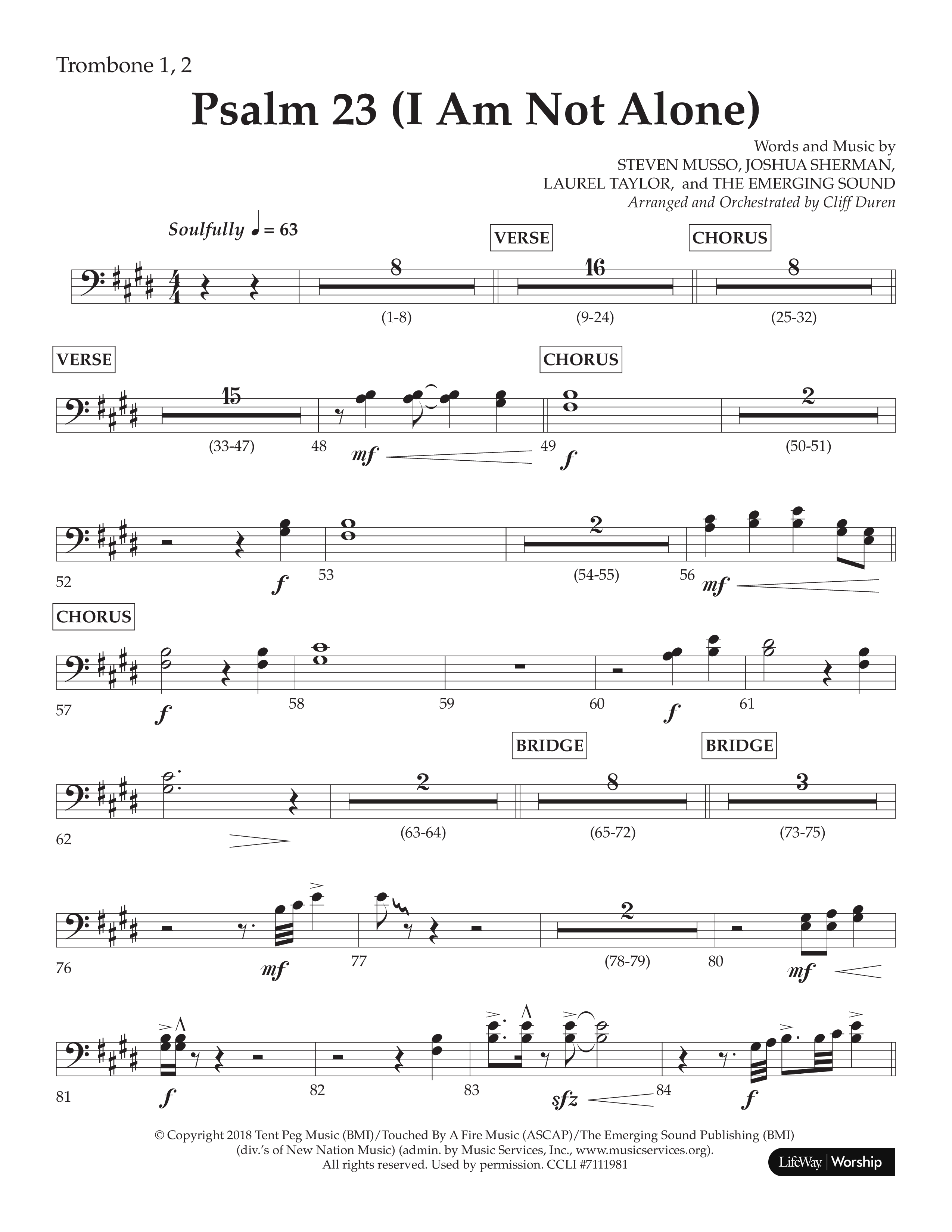 Psalm 23 (I Am Not Alone) (Choral Anthem SATB) Trombone 1/2 (Lifeway Choral / Arr. Cliff Duren)