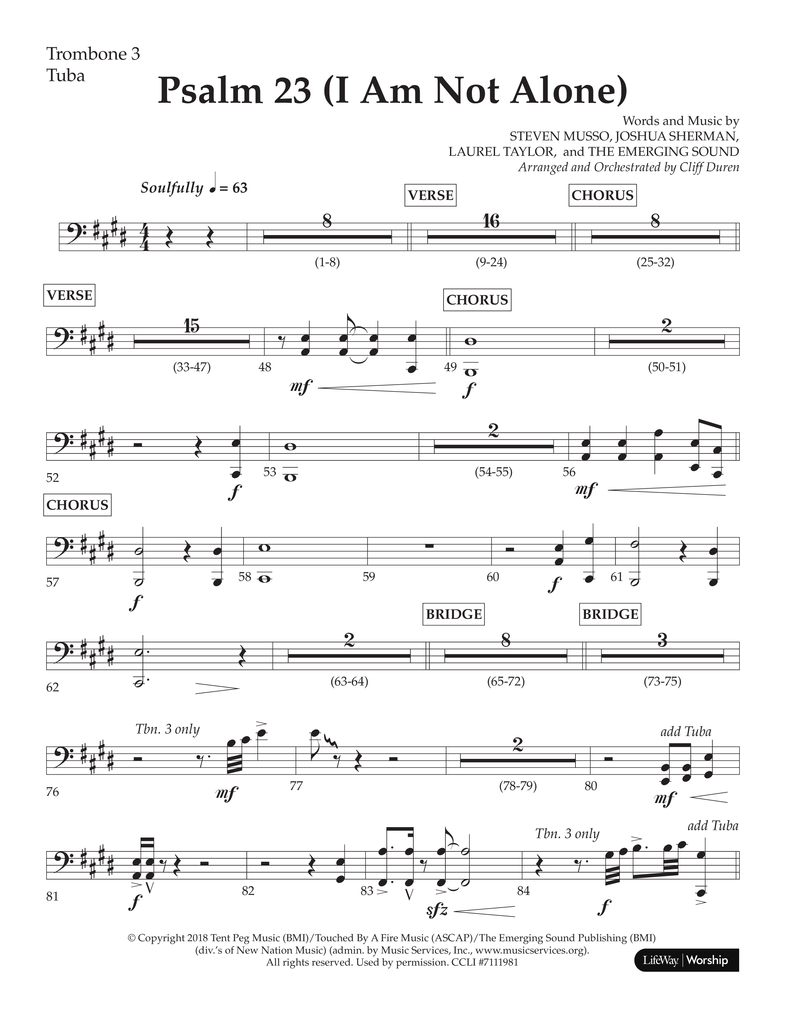 Psalm 23 (I Am Not Alone) (Choral Anthem SATB) Trombone 3/Tuba (Lifeway Choral / Arr. Cliff Duren)
