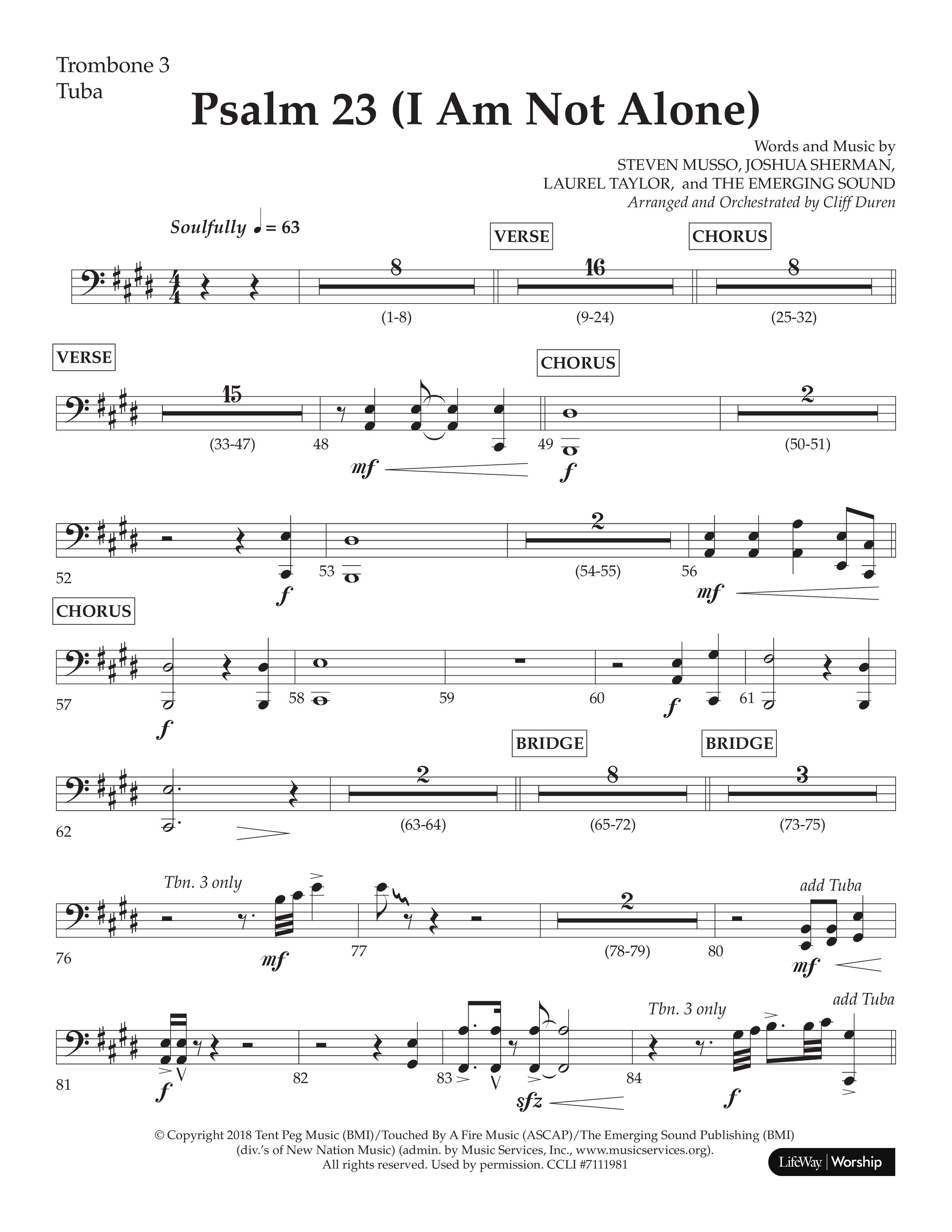 Psalm 23 (I Am Not Alone) (Choral Anthem SATB) Trombone 3/Tuba (Lifeway Choral / Arr. Cliff Duren)