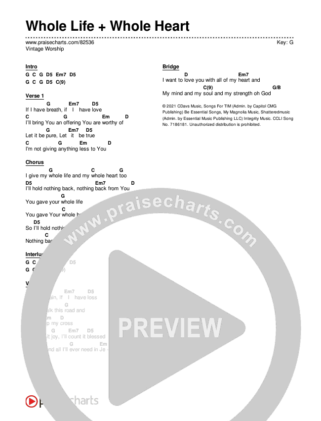 Whole Life + Whole Heart Chord Chart (Vintage Worship)
