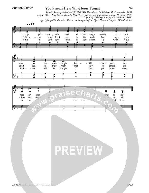 You Parents Hear What Jesus Taught Hymn Sheet (SATB) (Traditional Hymn)