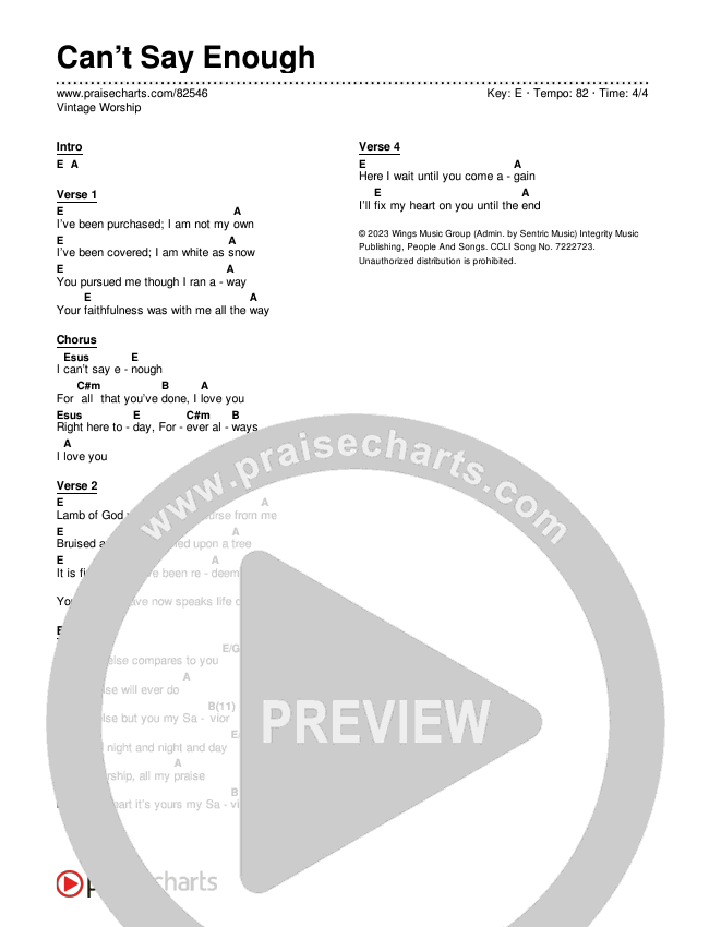 Can’t Say Enough Chord Chart (Vintage Worship)