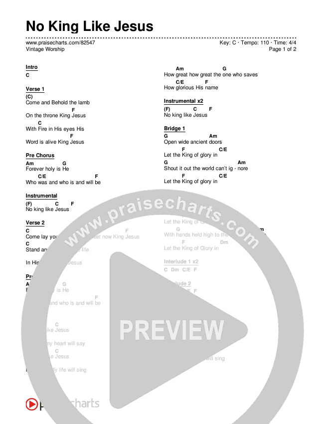 No King Like Jesus Chord Chart (Vintage Worship)