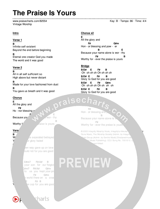 The Praise Is Yours Chord Chart (Vintage Worship)