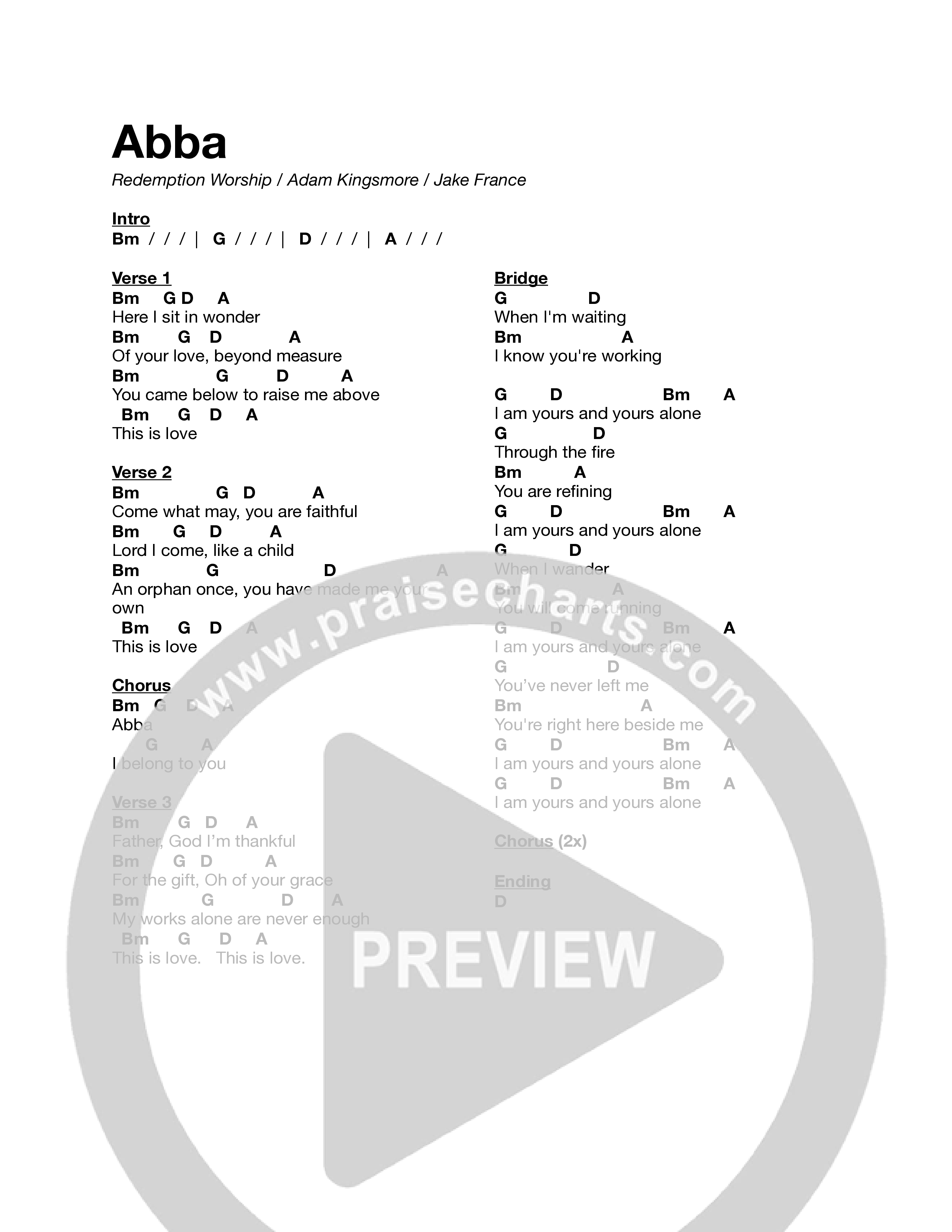 Abba Chord Chart (Redemption Worship)