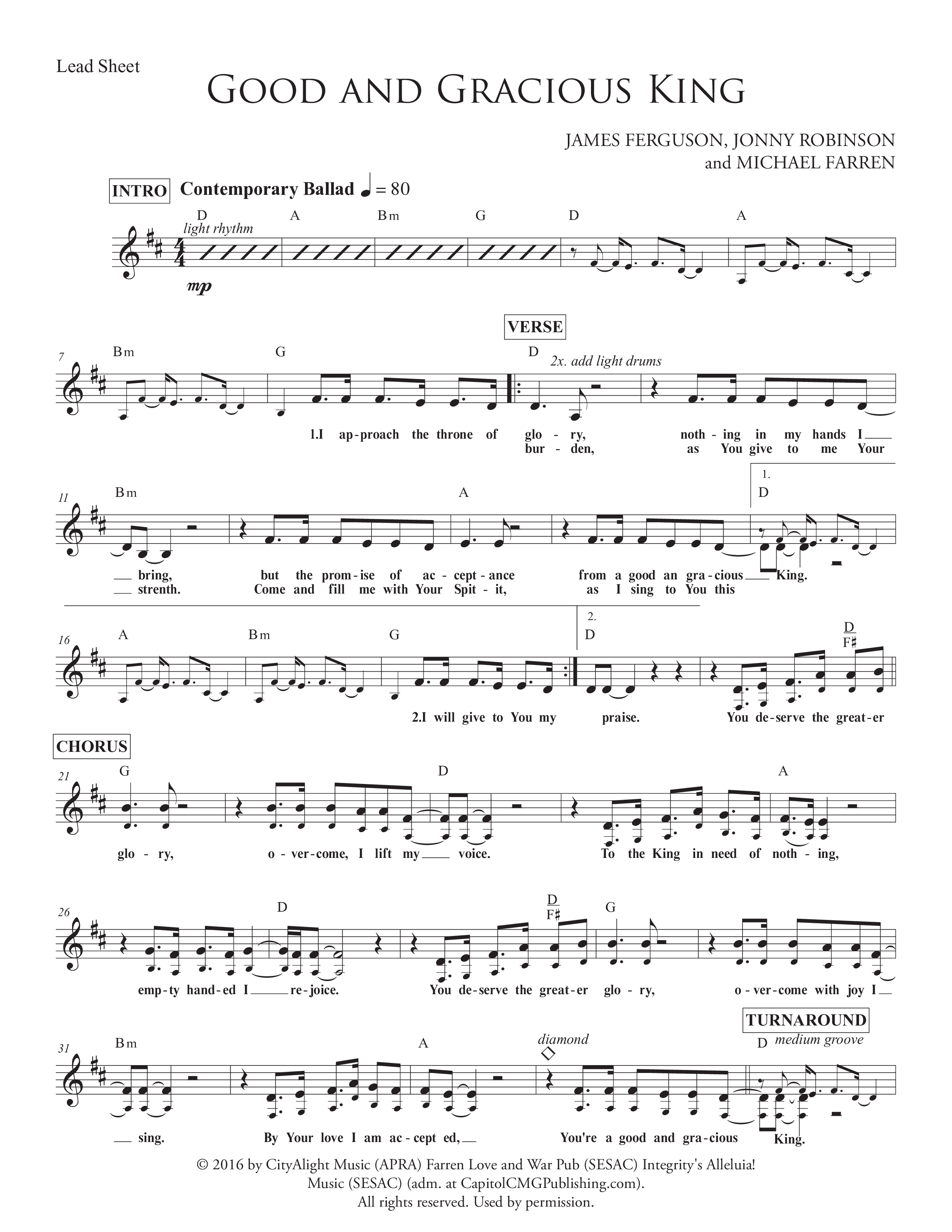 Good And Gracious King Lead Sheet (SAT) (Redemption Worship)