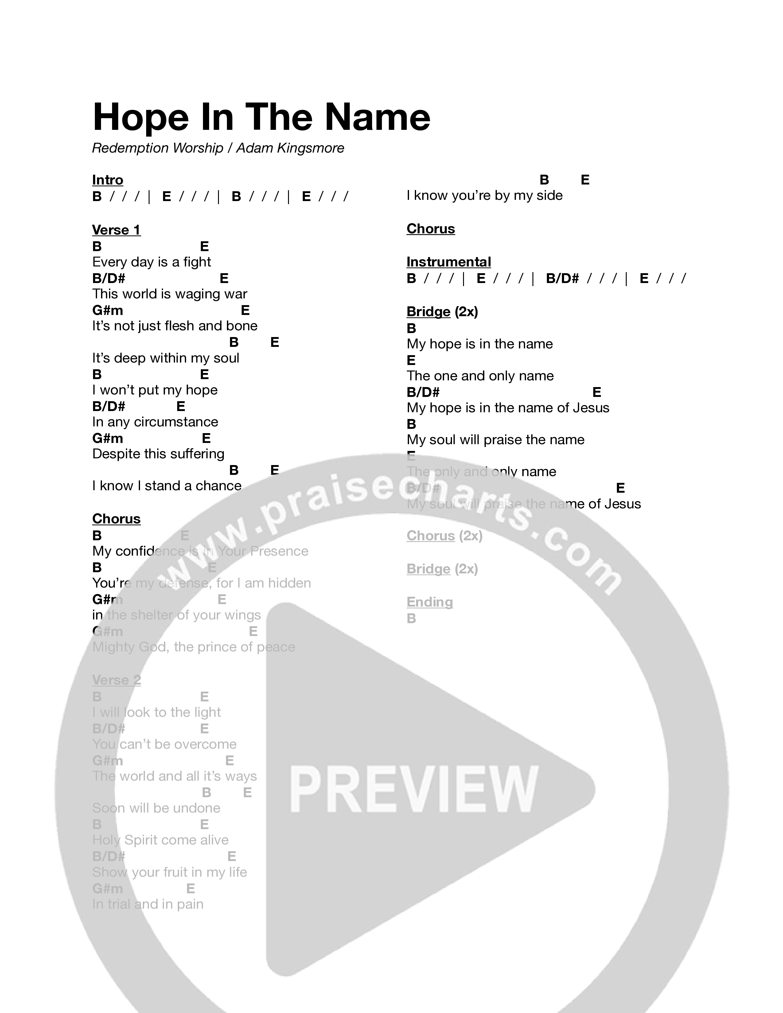 Hope In The Name Chord Chart (Redemption Worship)