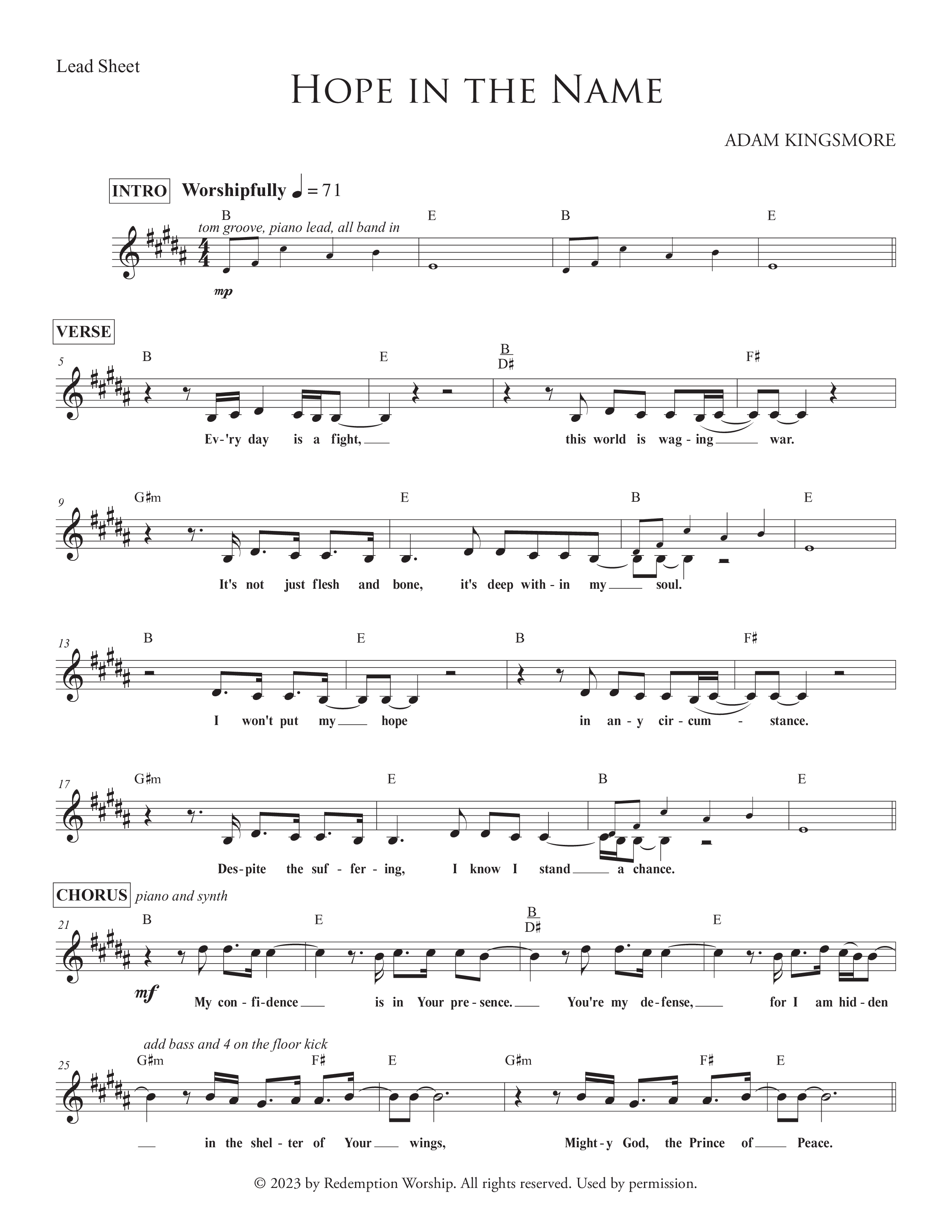 Hope In The Name Sheet Music PDF (Redemption Worship) PraiseCharts