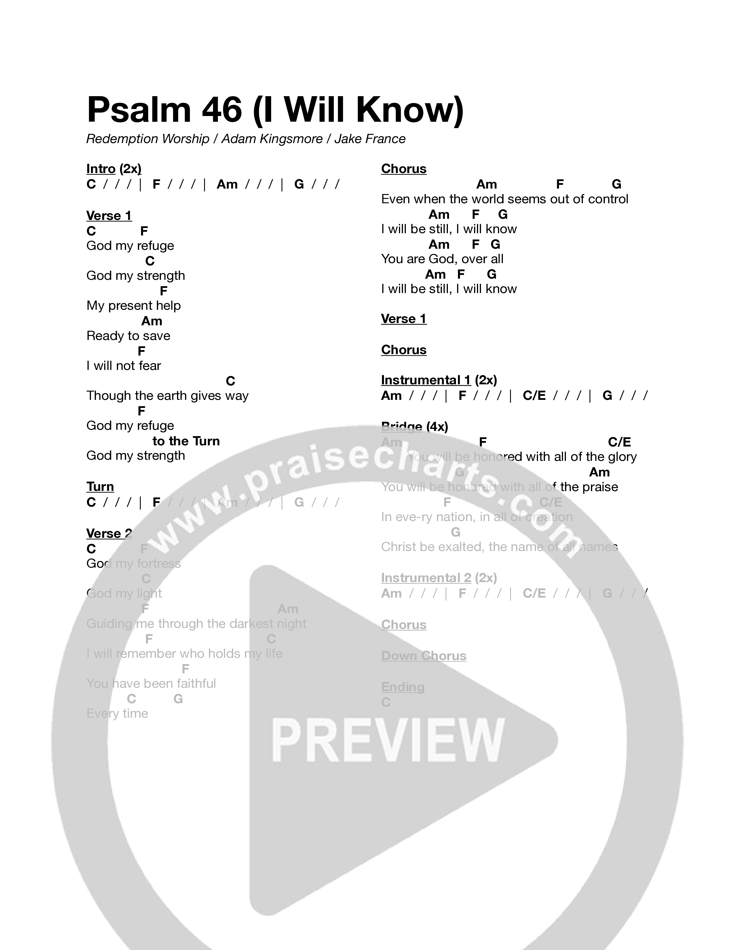 Psalm 46 (I Will Know) Chord Chart (Redemption Worship)