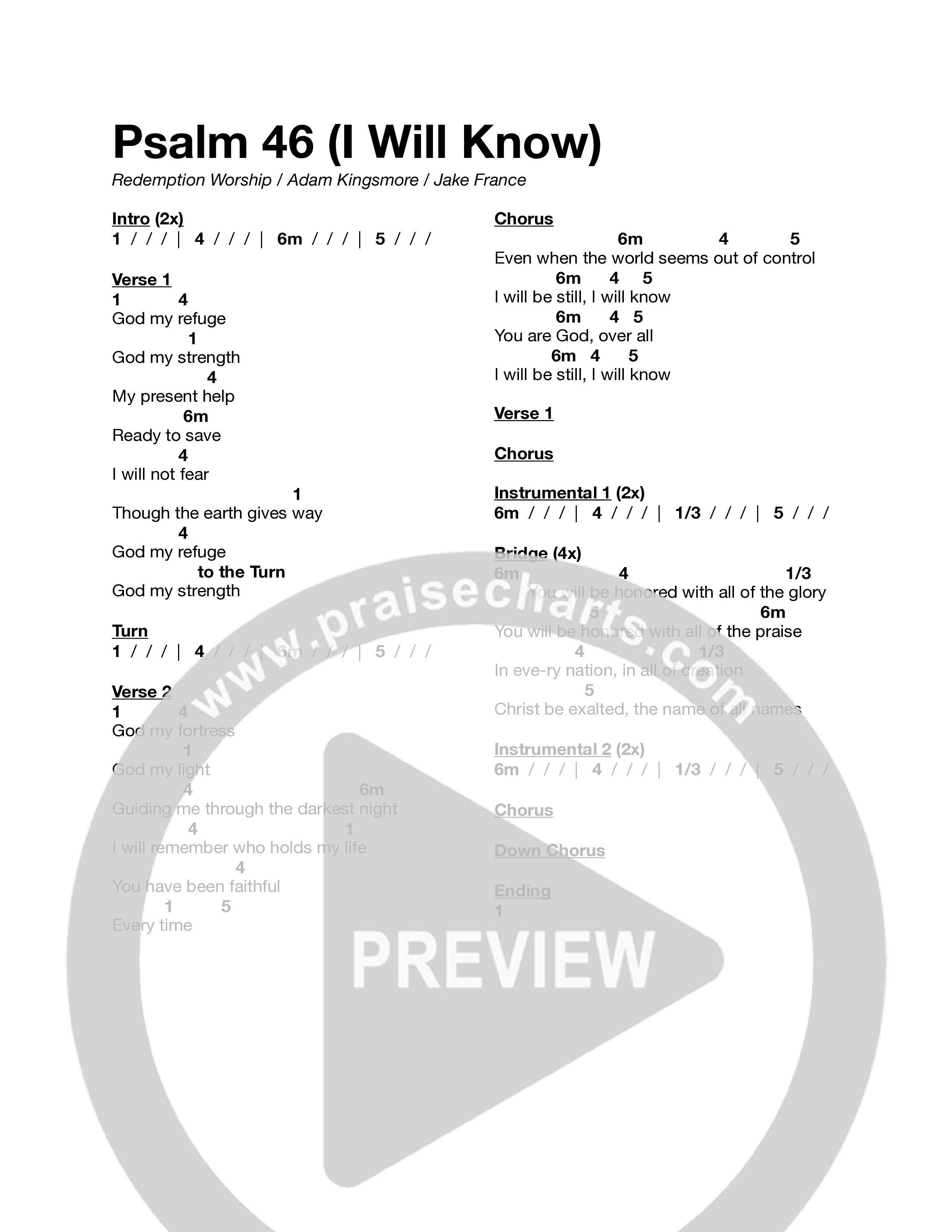 Psalm 46 (I Will Know) Chord Chart (Redemption Worship)