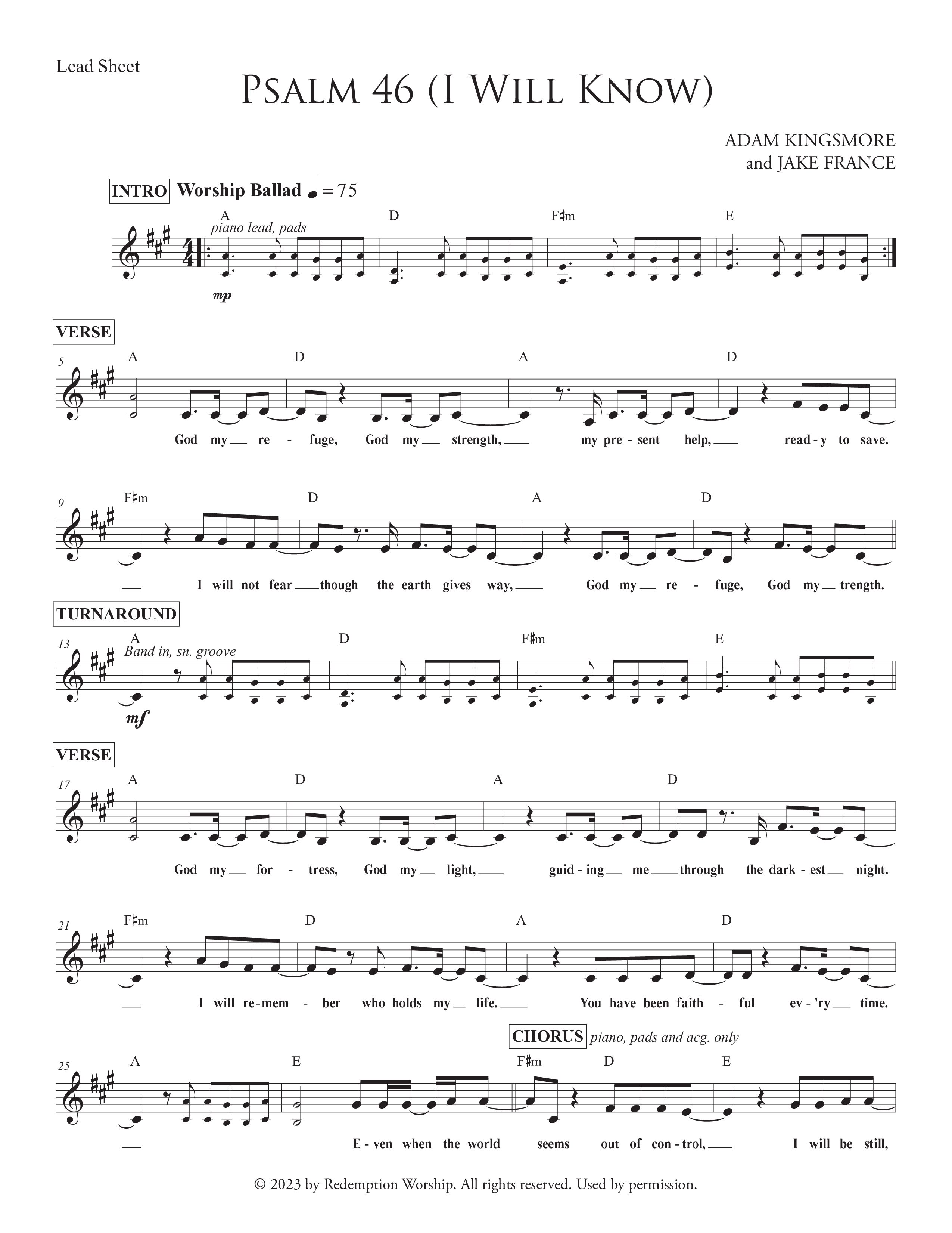 Psalm 46 (I Will Know) Lead Sheet (SAT) (Redemption Worship)