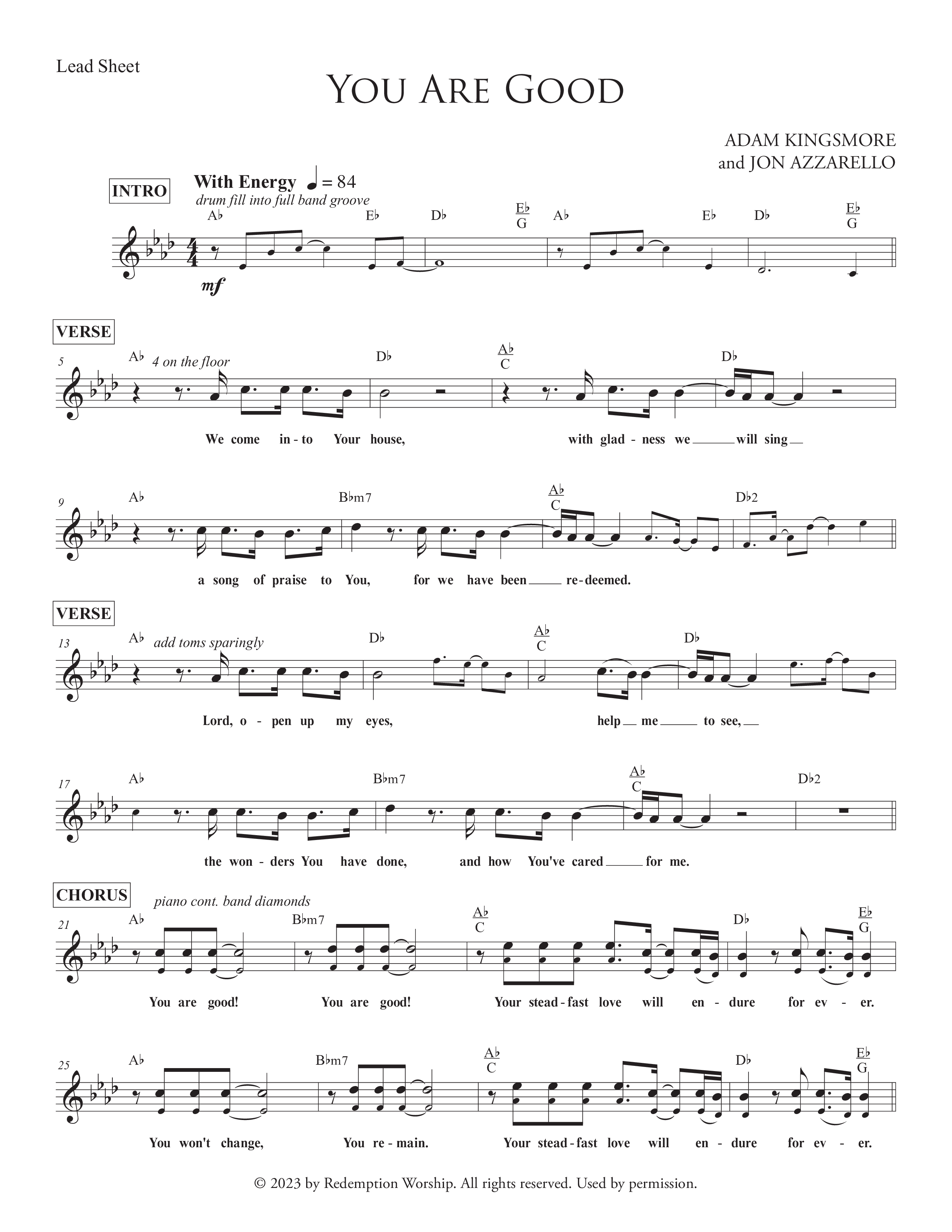 You Are Good Lead Sheet (SAT) (Redemption Worship)