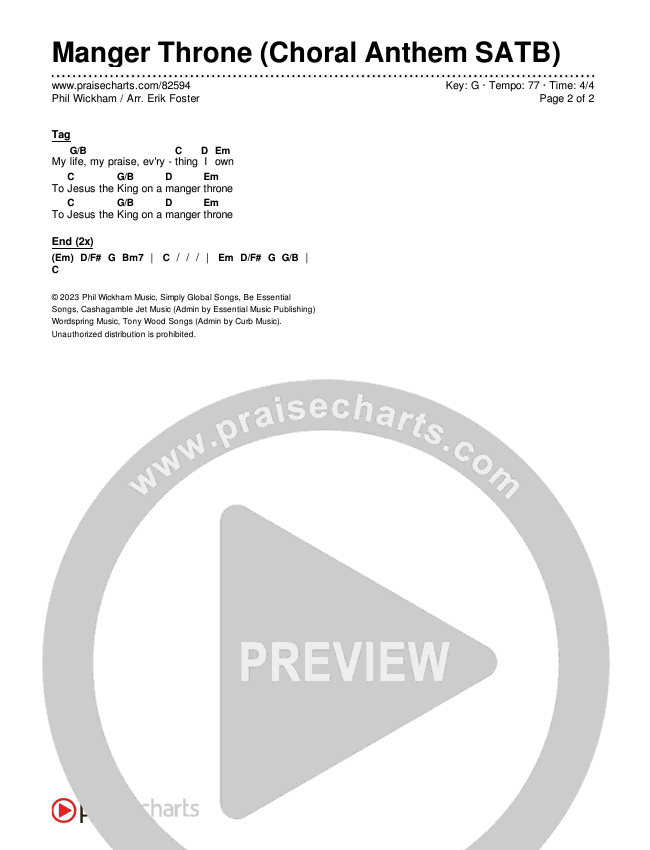 Manger Throne (Choral Anthem SATB) Chords & Lyrics (Phil Wickham / Arr. Erik Foster)