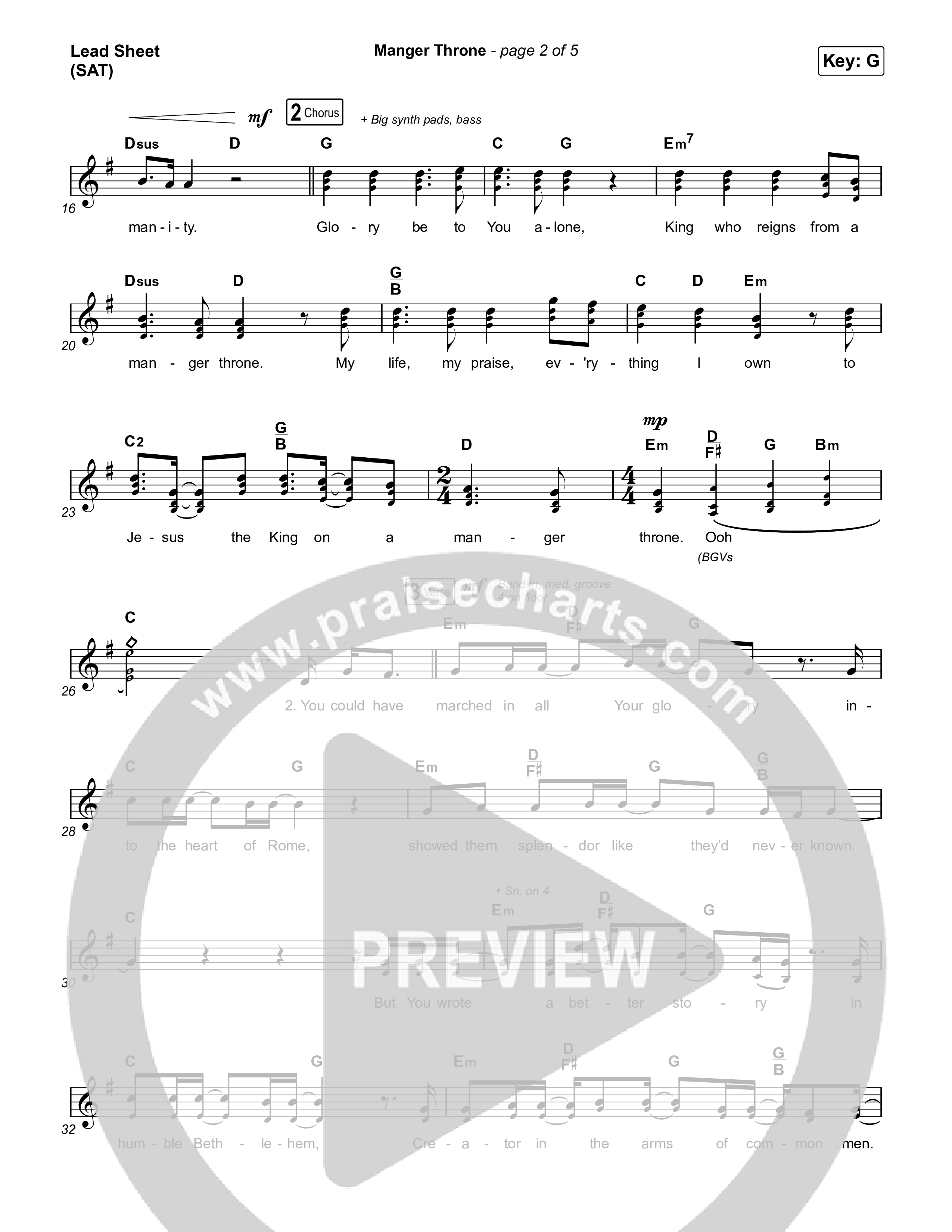 Manger Throne (Choral Anthem SATB) Lead Sheet (SAT) (Phil Wickham / Arr. Erik Foster)