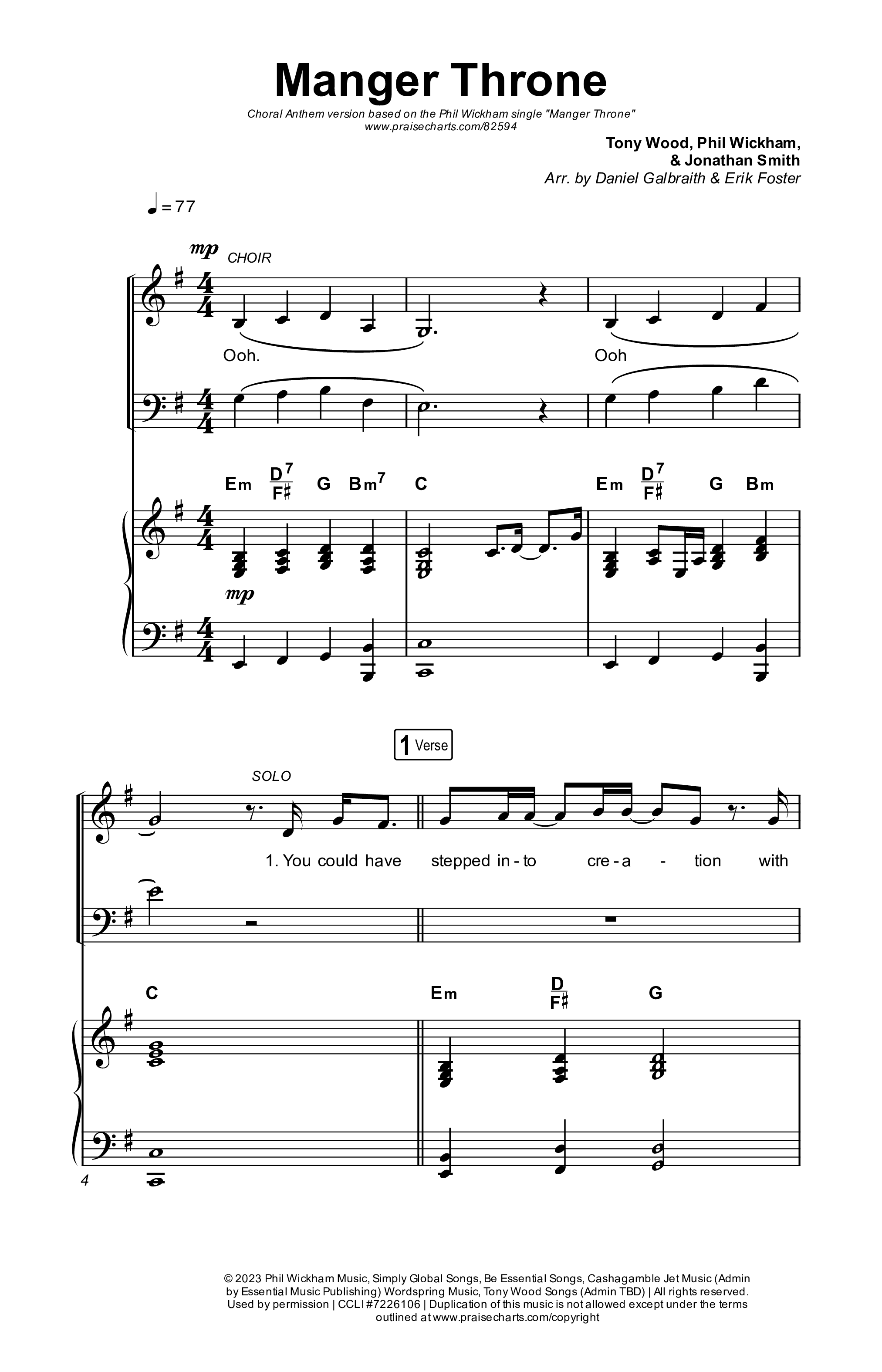 Manger Throne (Choral Anthem SATB) Octavo (SATB & Pno) (Phil Wickham / Arr. Erik Foster)