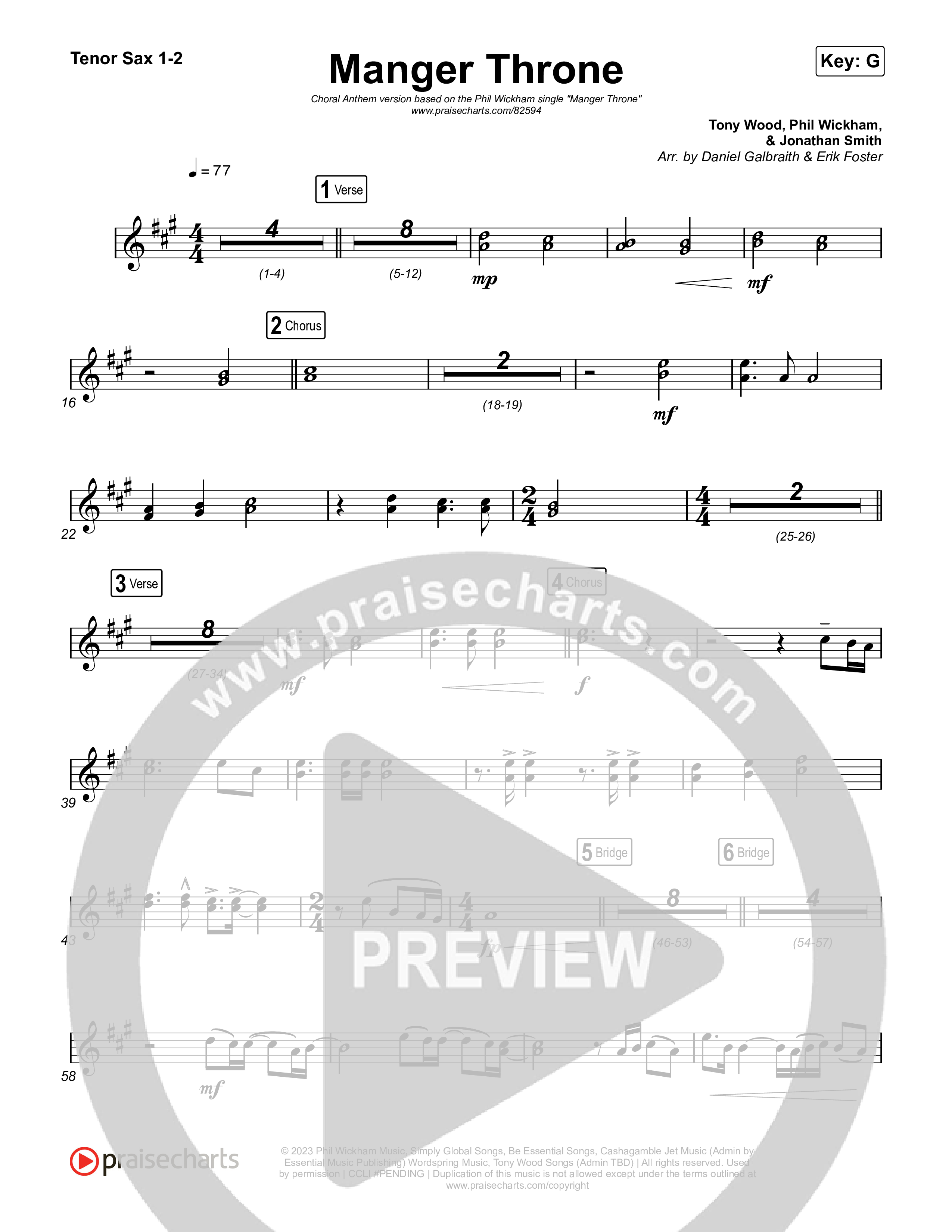 Manger Throne (Choral Anthem SATB) Tenor Sax 1/2 (Phil Wickham / Arr. Erik Foster)