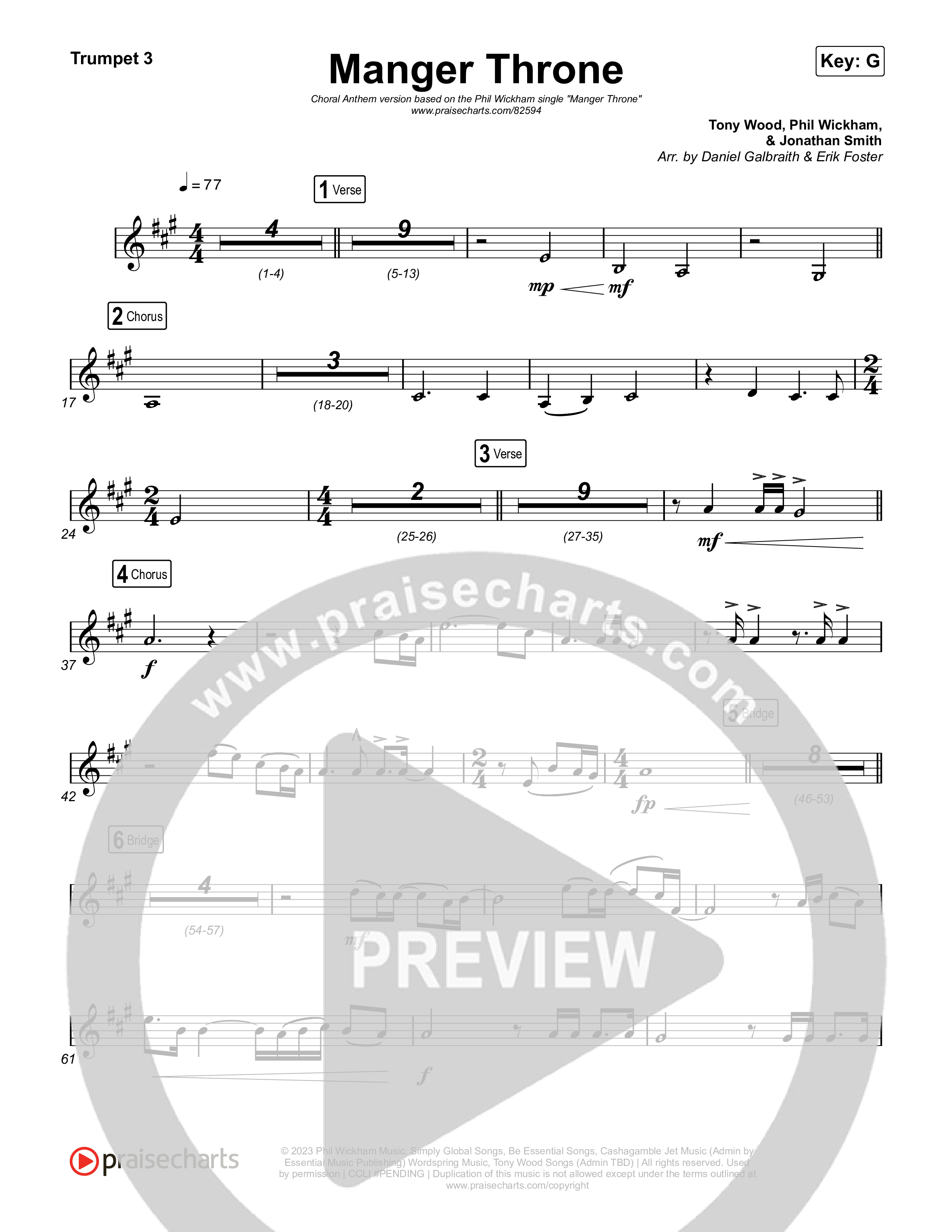 Manger Throne (Choral Anthem SATB) Trumpet 3 (Phil Wickham / Arr. Erik Foster)