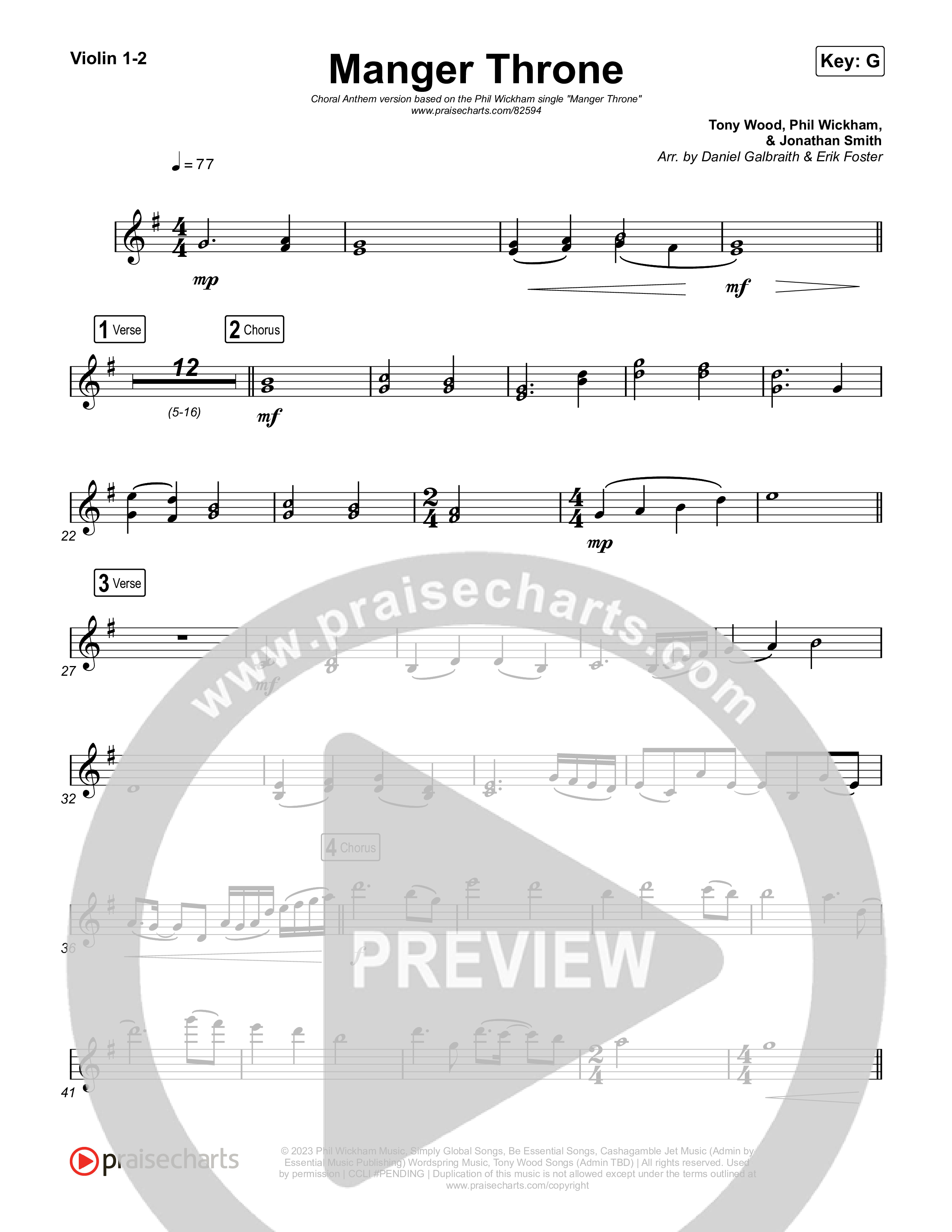 Manger Throne (Choral Anthem SATB) Violin 1/2 (Phil Wickham / Arr. Erik Foster)