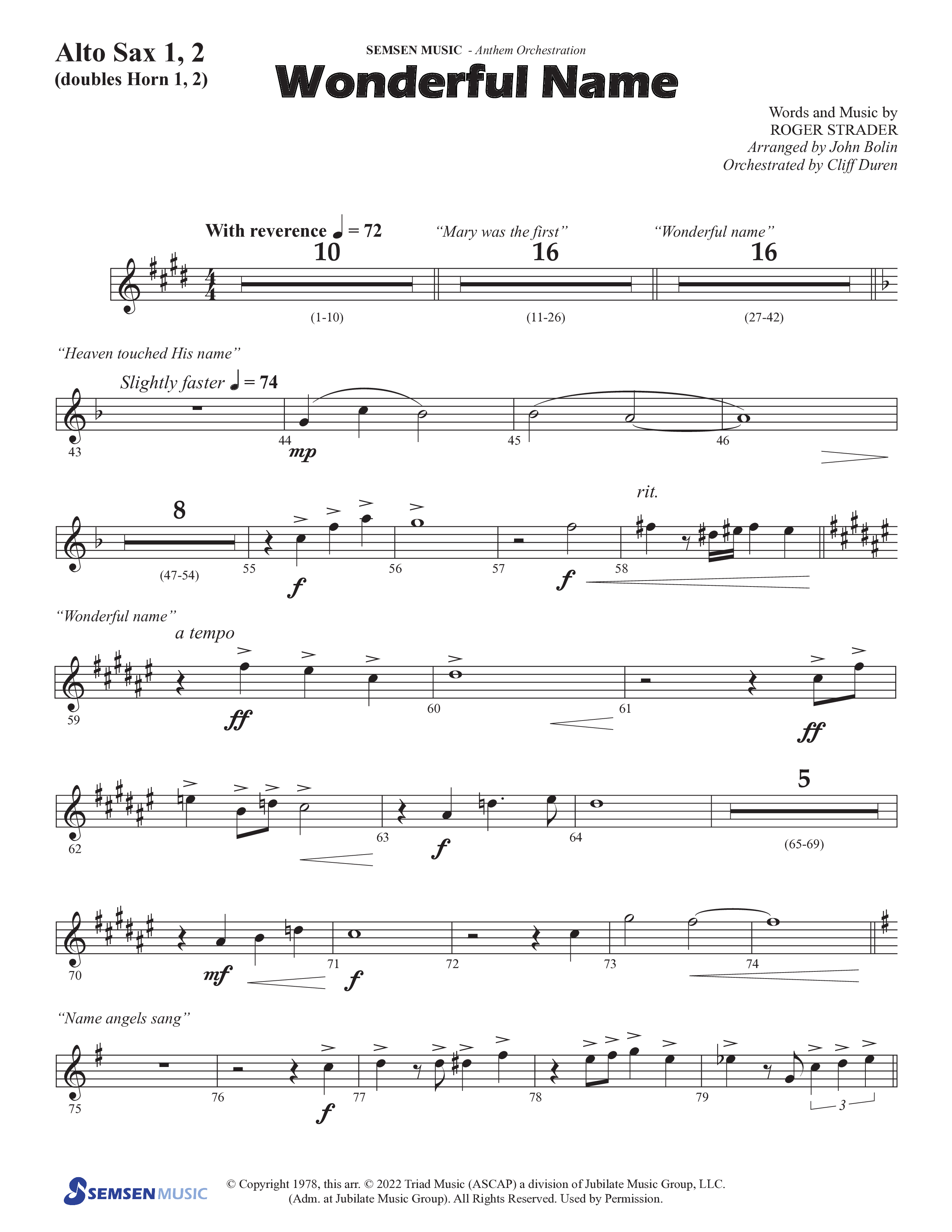 Wonderful Name (Choral Anthem SATB) Alto Sax 1/2 (Semsen Music / Arr. John Bolin / Orch. Cliff Duren)
