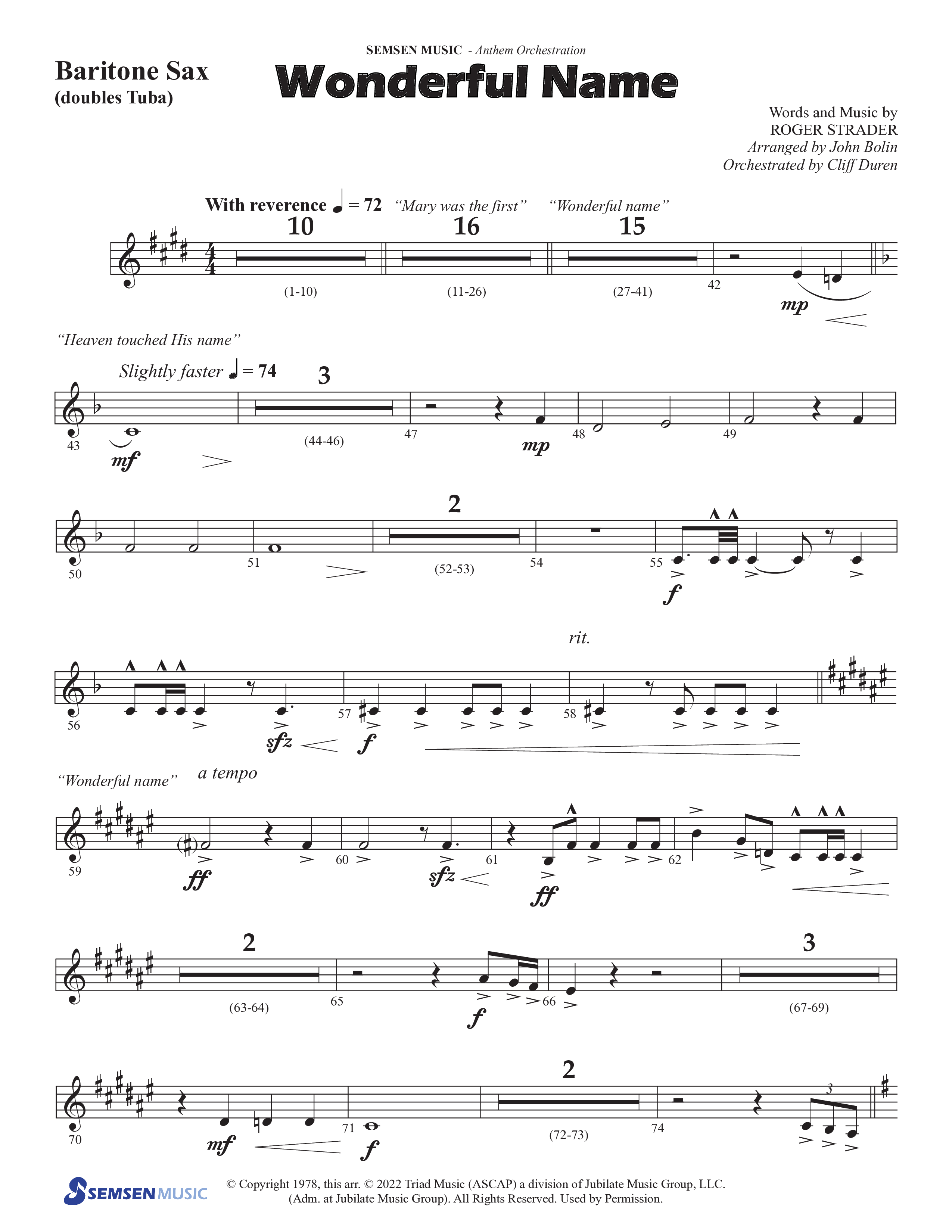Wonderful Name (Choral Anthem SATB) Bari Sax (Semsen Music / Arr. John Bolin / Orch. Cliff Duren)