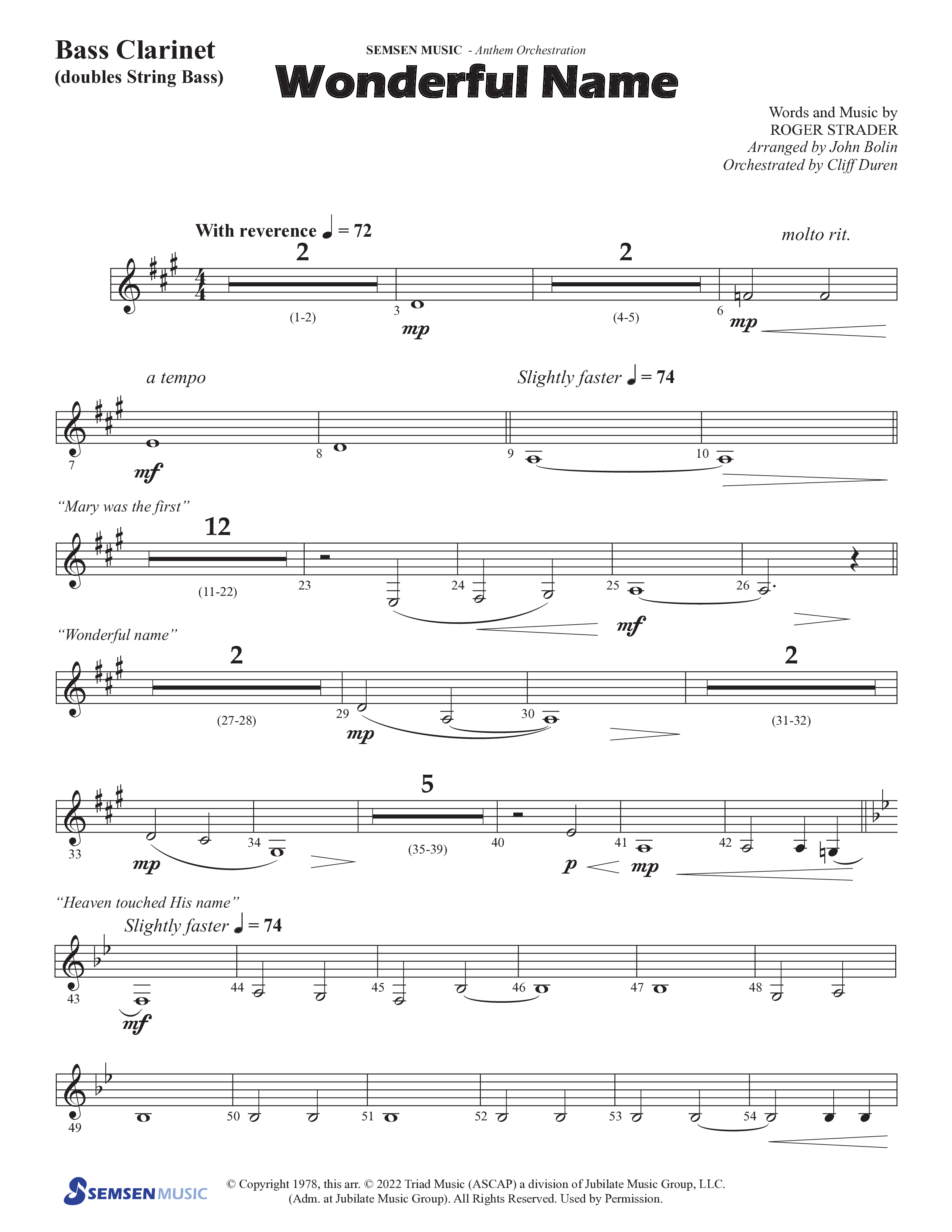 Wonderful Name (Choral Anthem SATB) Bass Clarinet (Semsen Music / Arr. John Bolin / Orch. Cliff Duren)