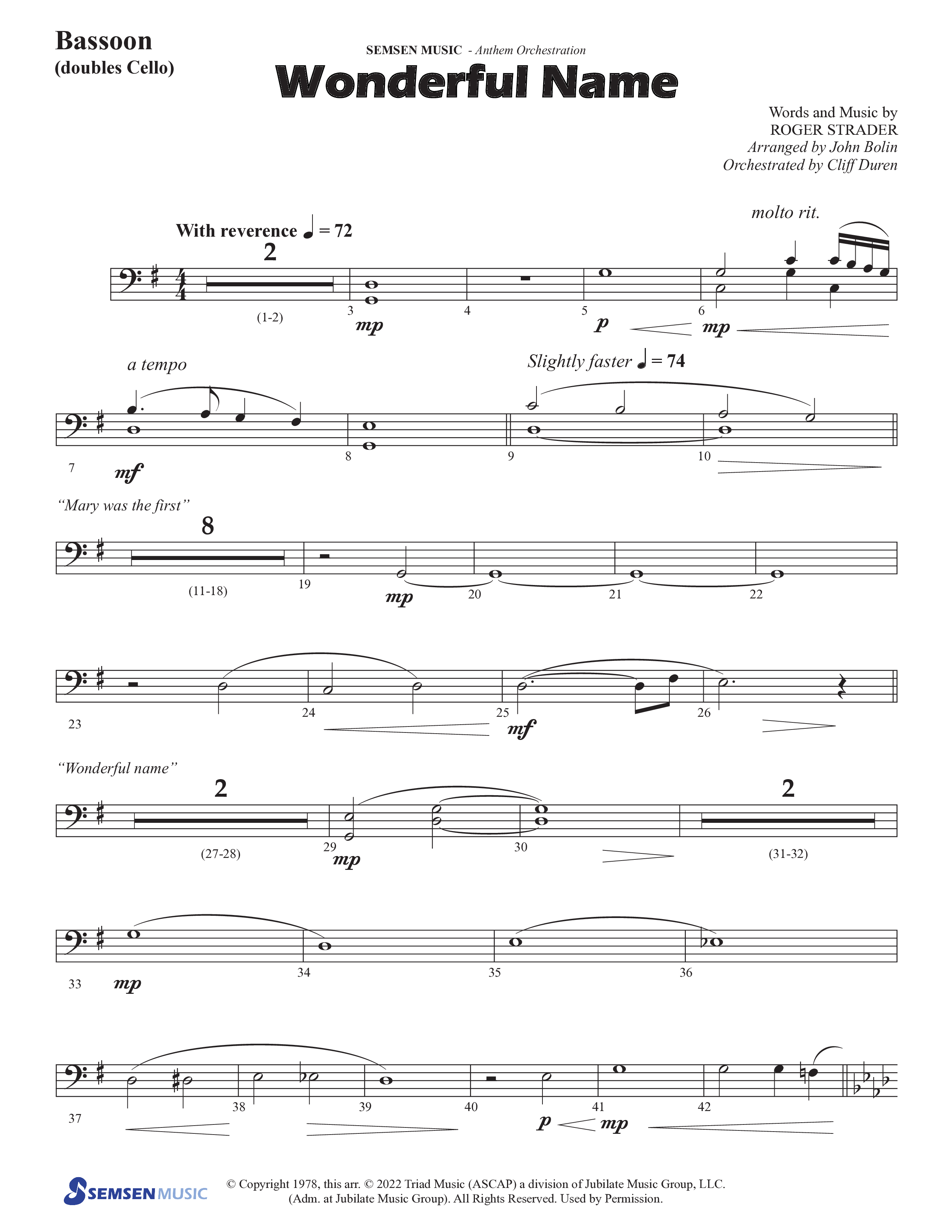 Wonderful Name (Choral Anthem SATB) Bassoon (Semsen Music / Arr. John Bolin / Orch. Cliff Duren)