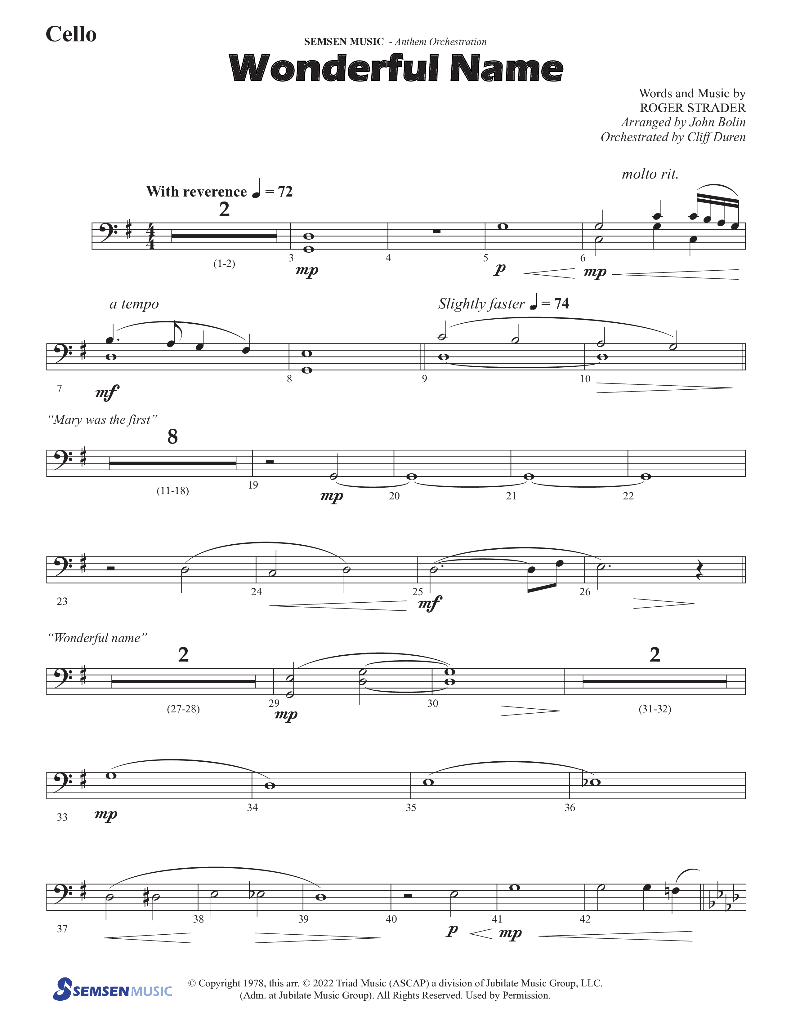 Wonderful Name (Choral Anthem SATB) Cello (Semsen Music / Arr. John Bolin / Orch. Cliff Duren)