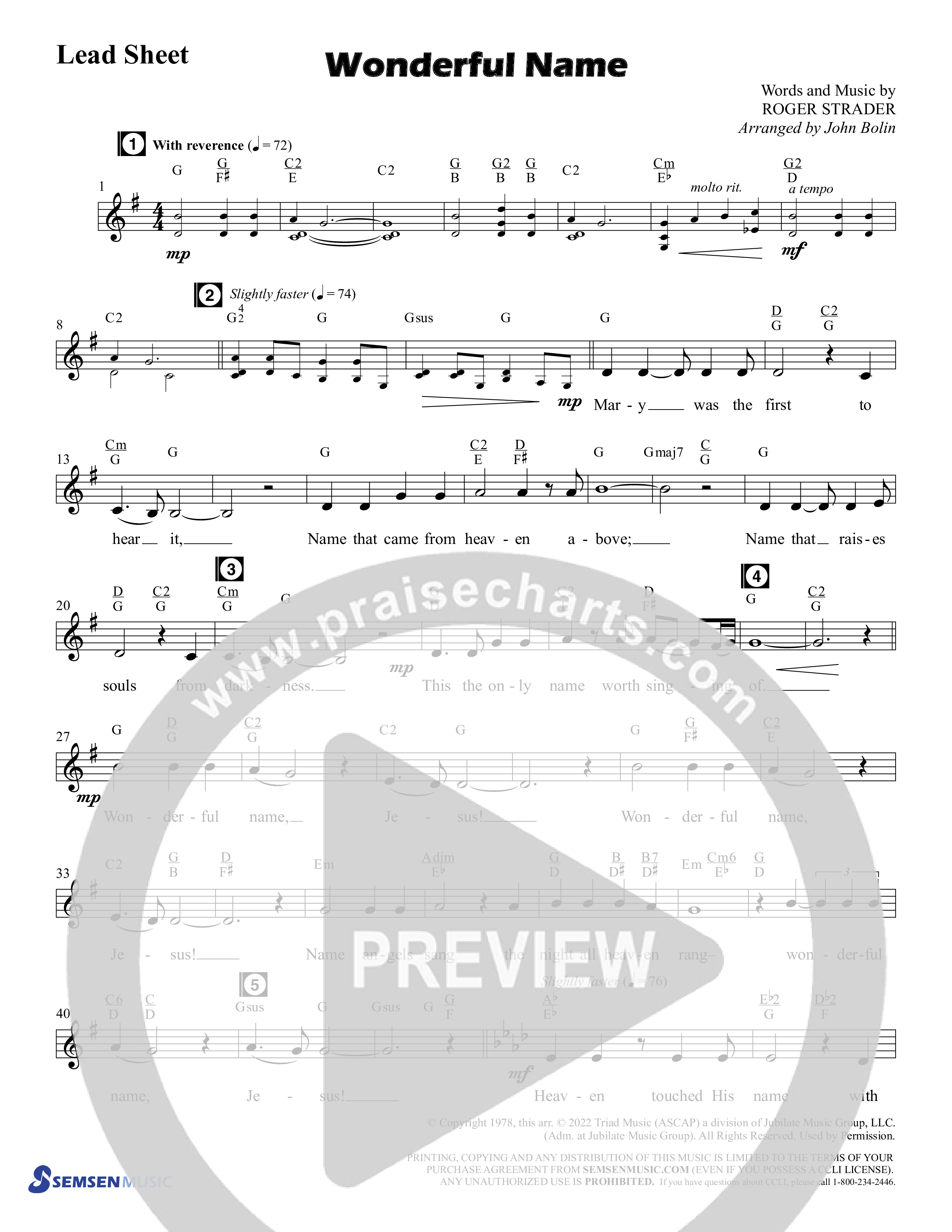 Wonderful Name (Choral Anthem SATB) Chords & Lead Sheet (Semsen Music / Arr. John Bolin / Orch. Cliff Duren)