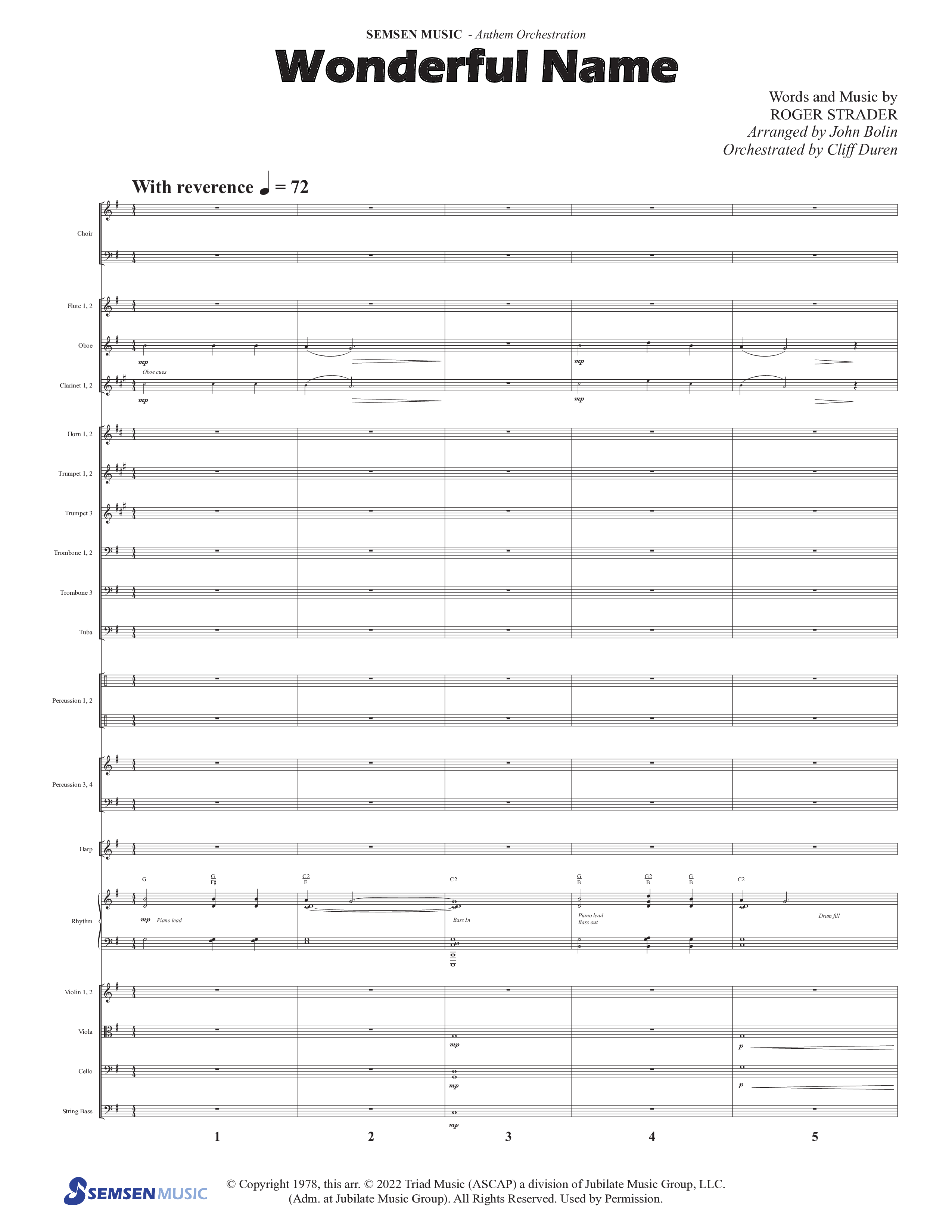 Wonderful Name (Choral Anthem SATB) Orchestration (Semsen Music / Arr. John Bolin / Orch. Cliff Duren)