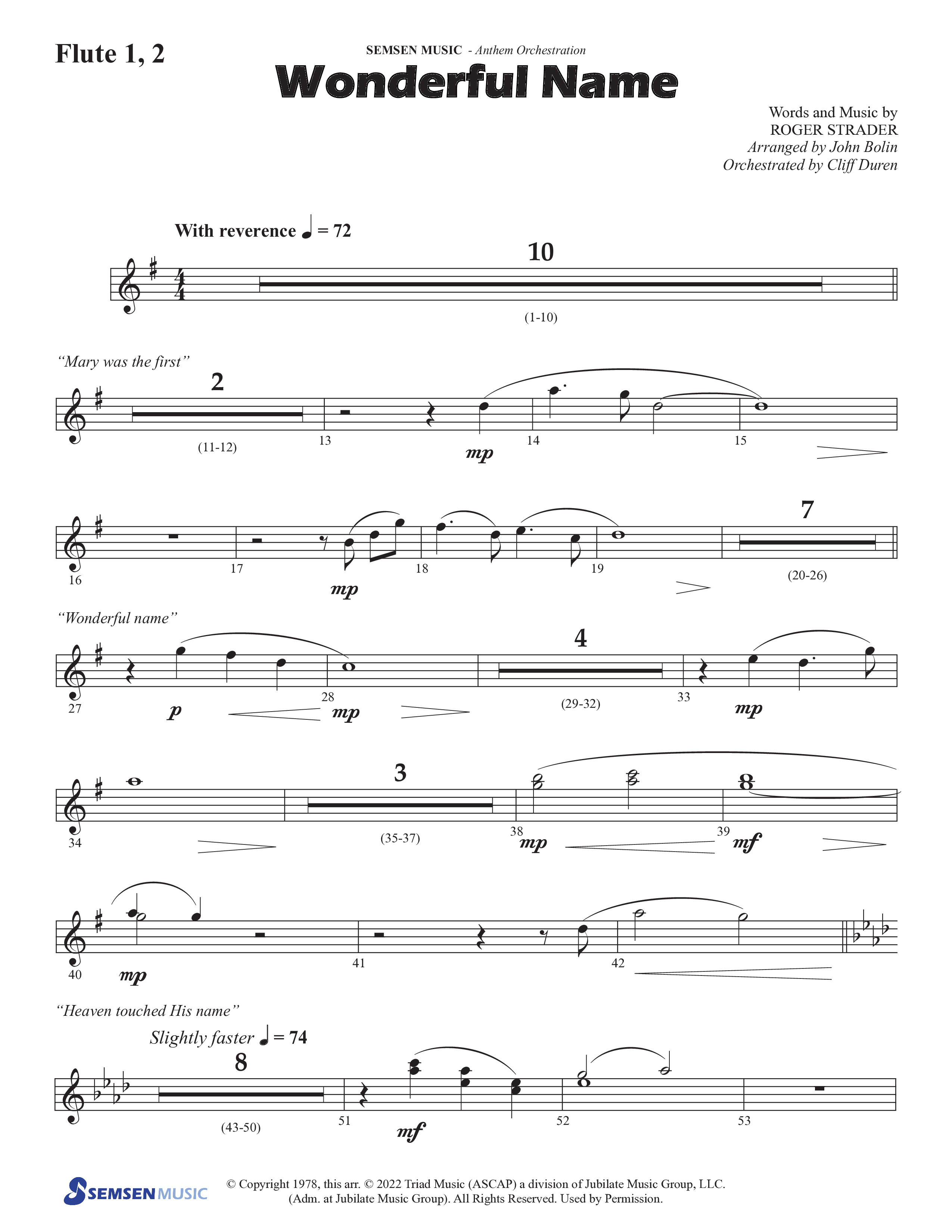 Wonderful Name (Choral Anthem SATB) Flute 1/2 (Semsen Music / Arr. John Bolin / Orch. Cliff Duren)