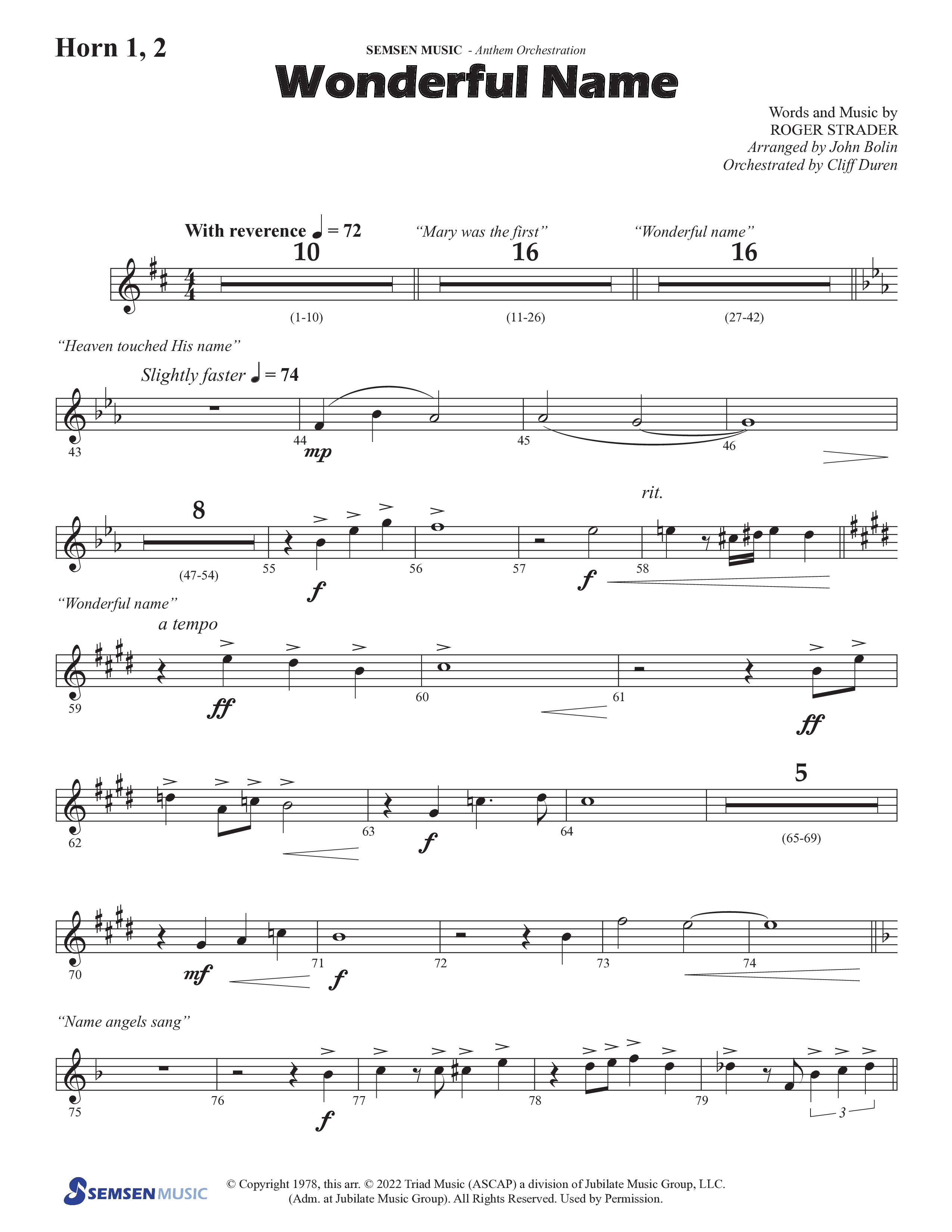 Wonderful Name (Choral Anthem SATB) French Horn 1/2 (Semsen Music / Arr. John Bolin / Orch. Cliff Duren)