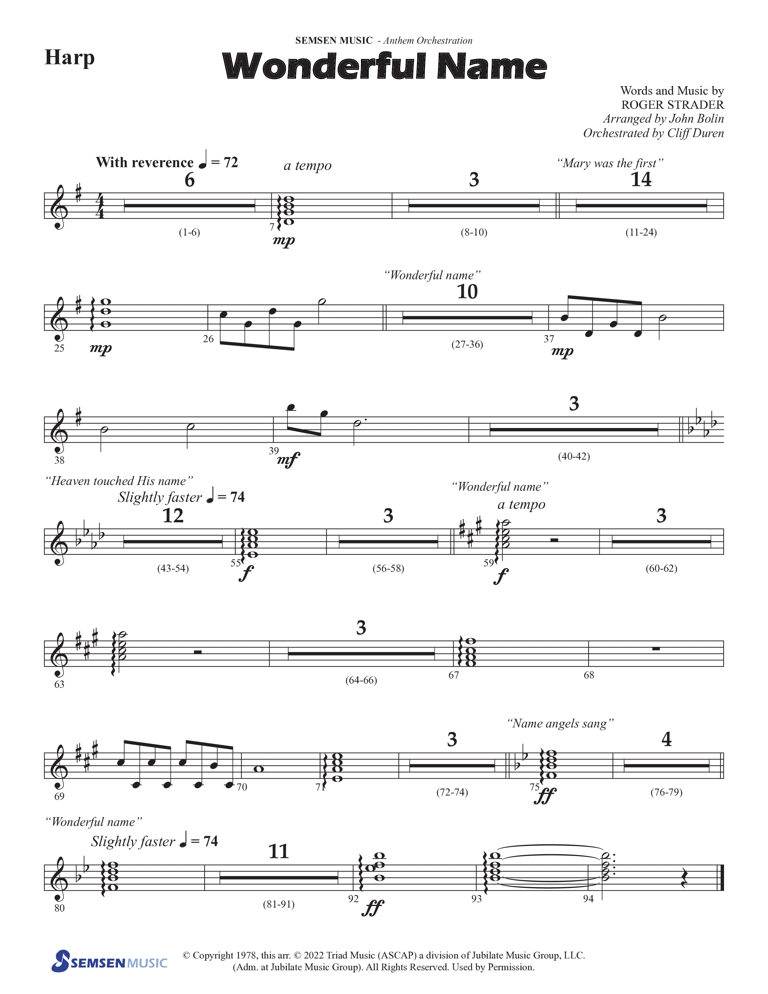 Wonderful Name (Choral Anthem SATB) Harp (Semsen Music / Arr. John Bolin / Orch. Cliff Duren)