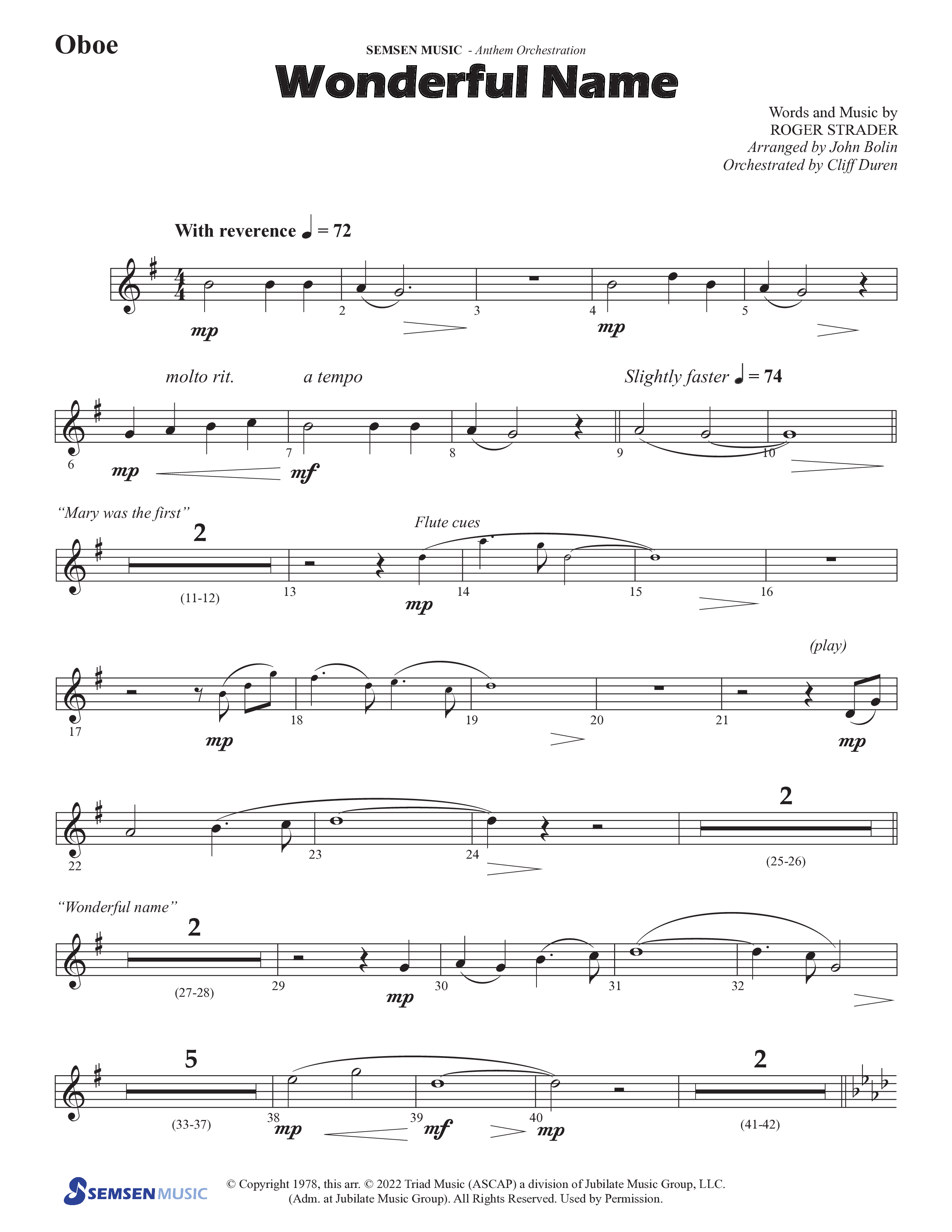 Wonderful Name (Choral Anthem SATB) Oboe (Semsen Music / Arr. John Bolin / Orch. Cliff Duren)