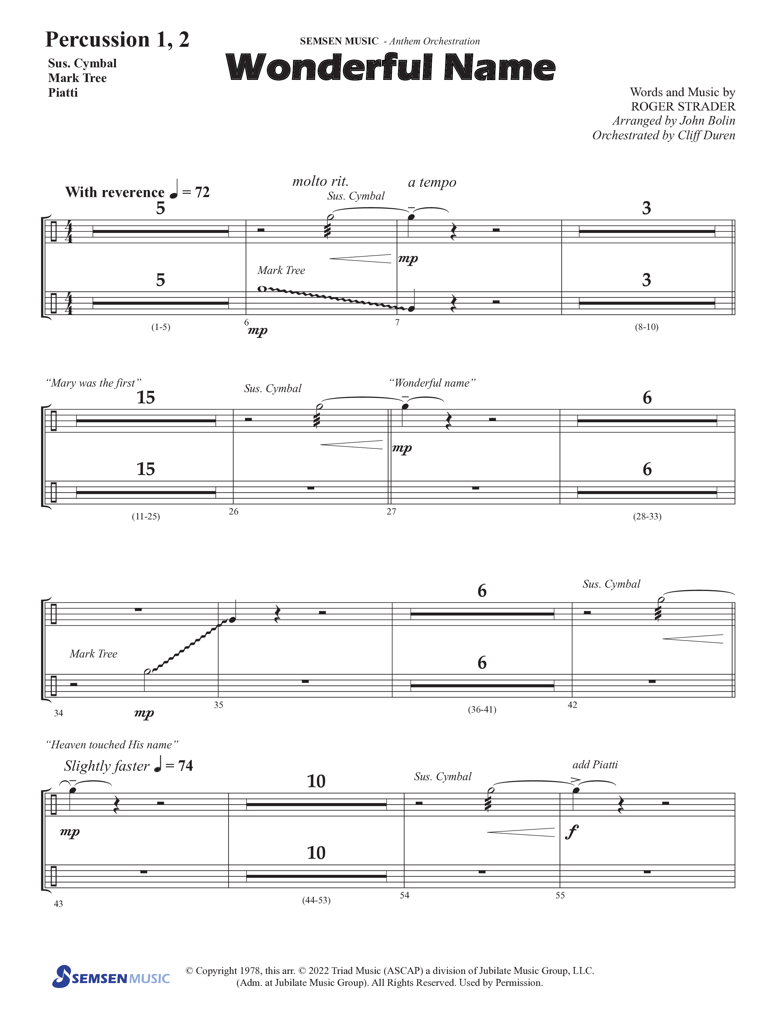 Wonderful Name (Choral Anthem SATB) Percussion 1/2 (Semsen Music / Arr. John Bolin / Orch. Cliff Duren)