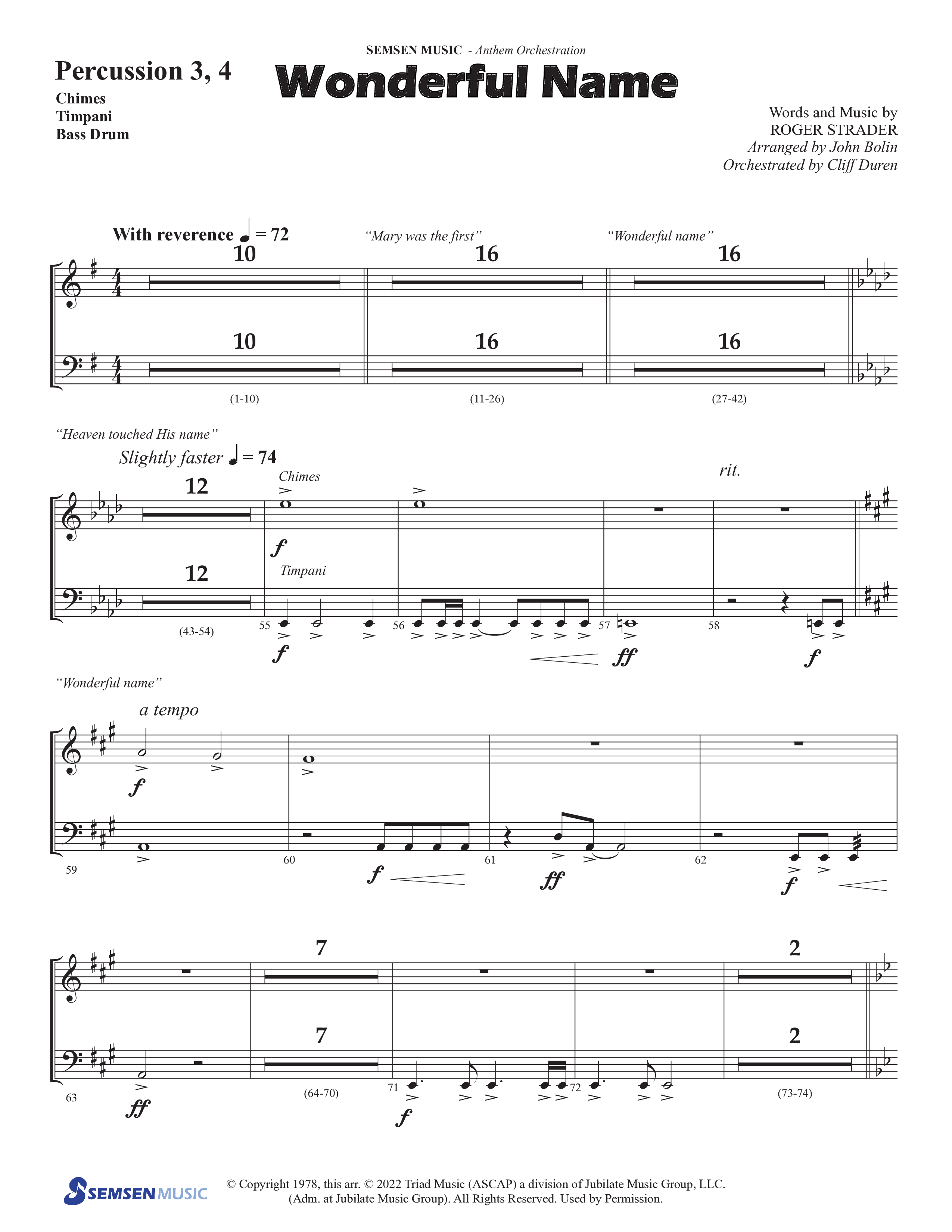 Wonderful Name (Choral Anthem SATB) Percussion (Semsen Music / Arr. John Bolin / Orch. Cliff Duren)