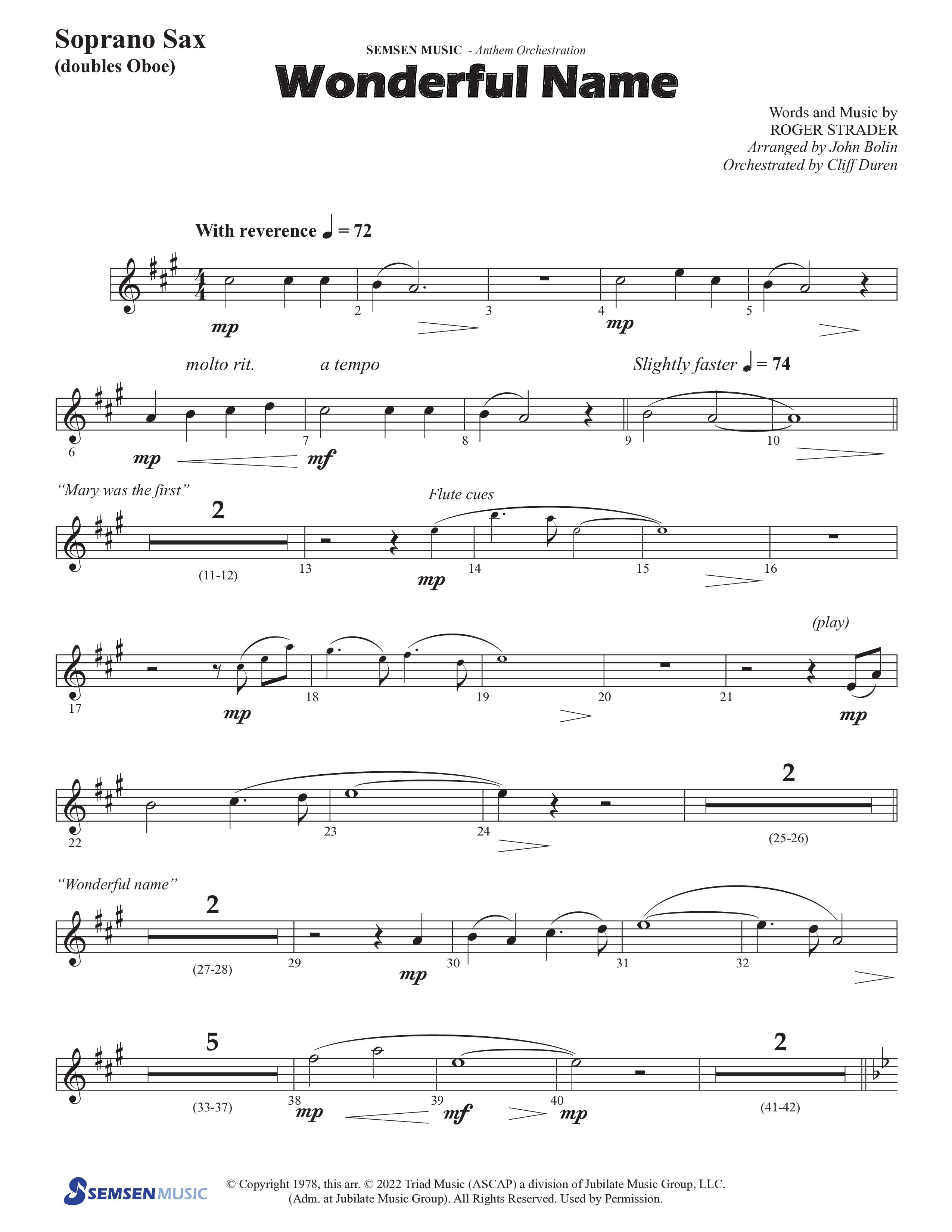 Wonderful Name (Choral Anthem SATB) Soprano Sax (Semsen Music / Arr. John Bolin / Orch. Cliff Duren)