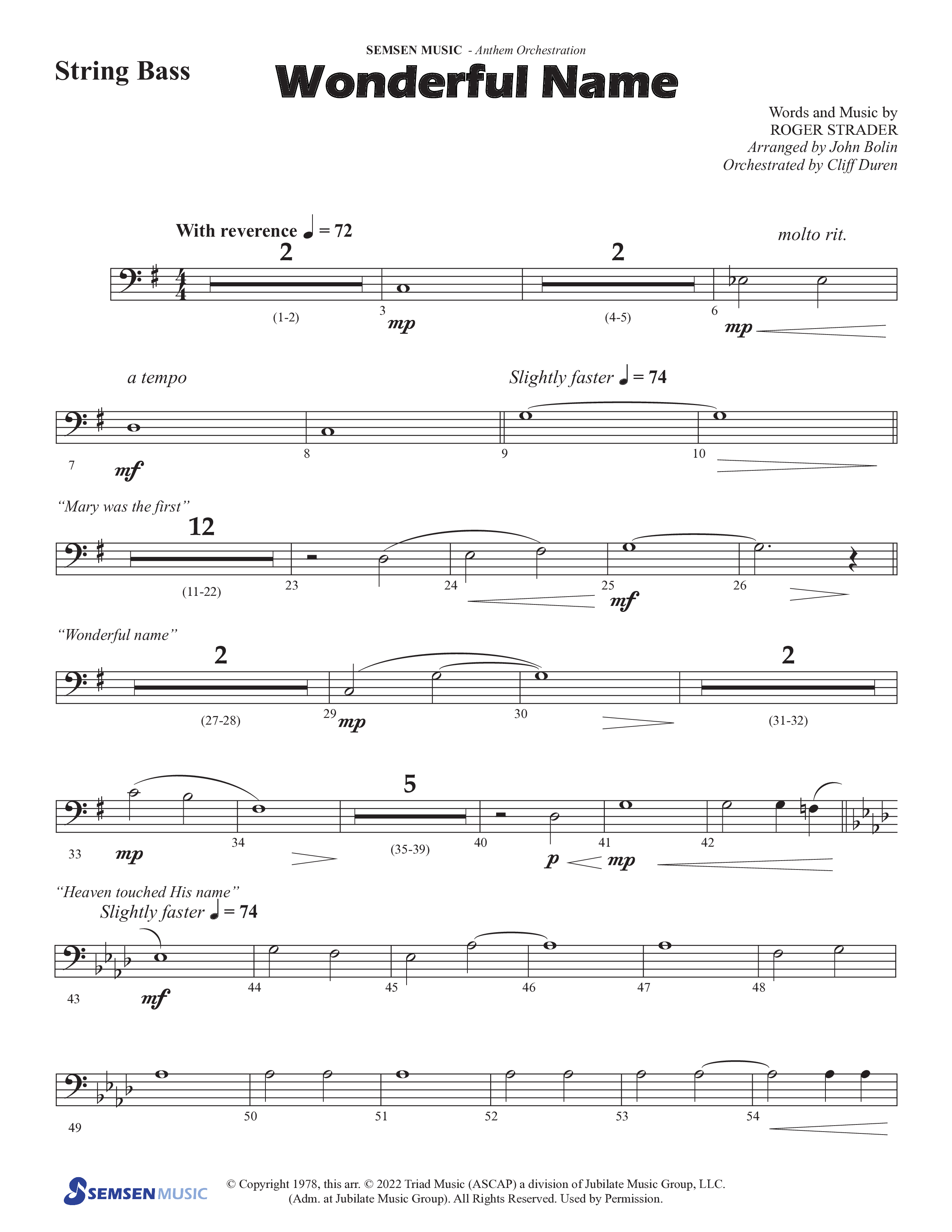 Wonderful Name (Choral Anthem SATB) String Bass (Semsen Music / Arr. John Bolin / Orch. Cliff Duren)