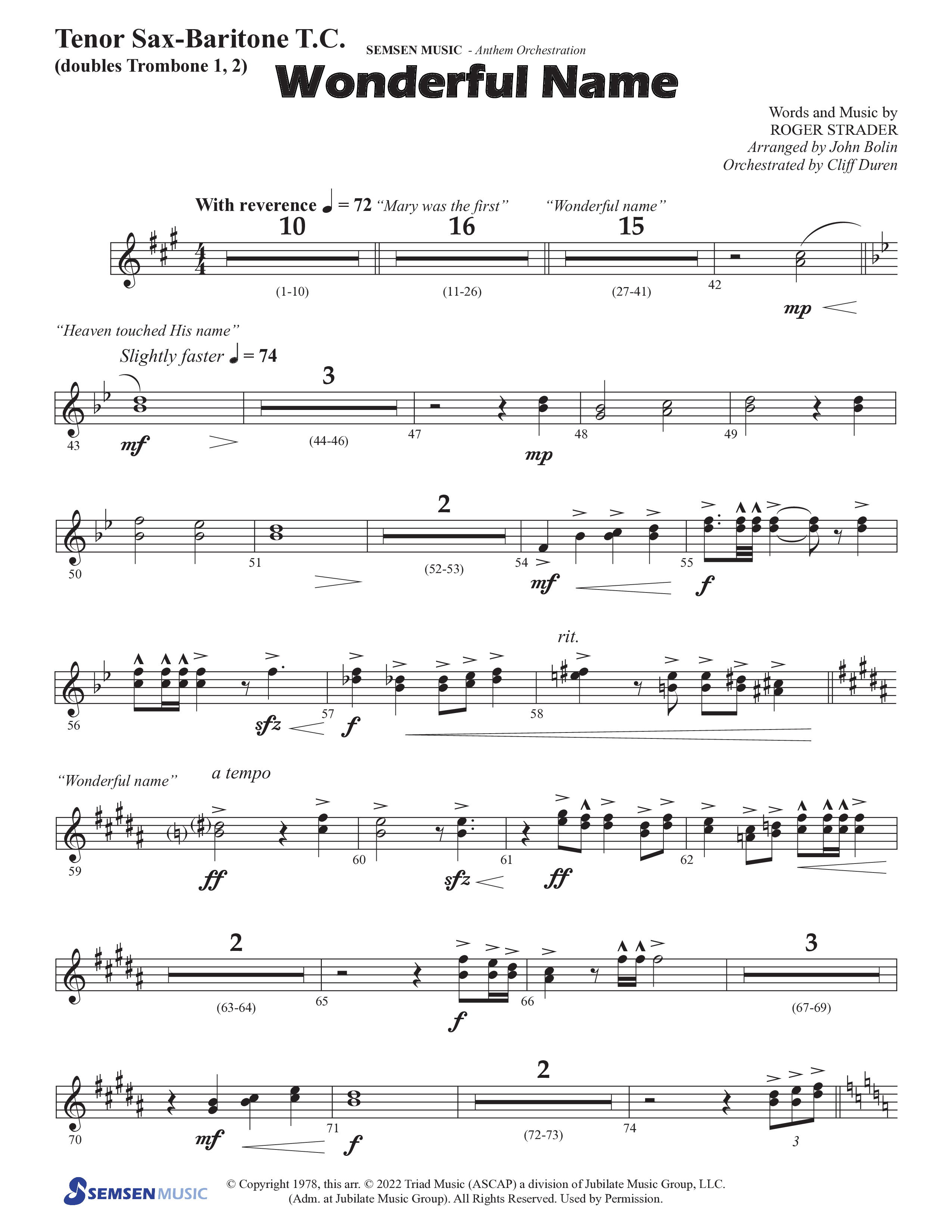 Wonderful Name (Choral Anthem SATB) Tenor Sax/Baritone T.C. (Semsen Music / Arr. John Bolin / Orch. Cliff Duren)