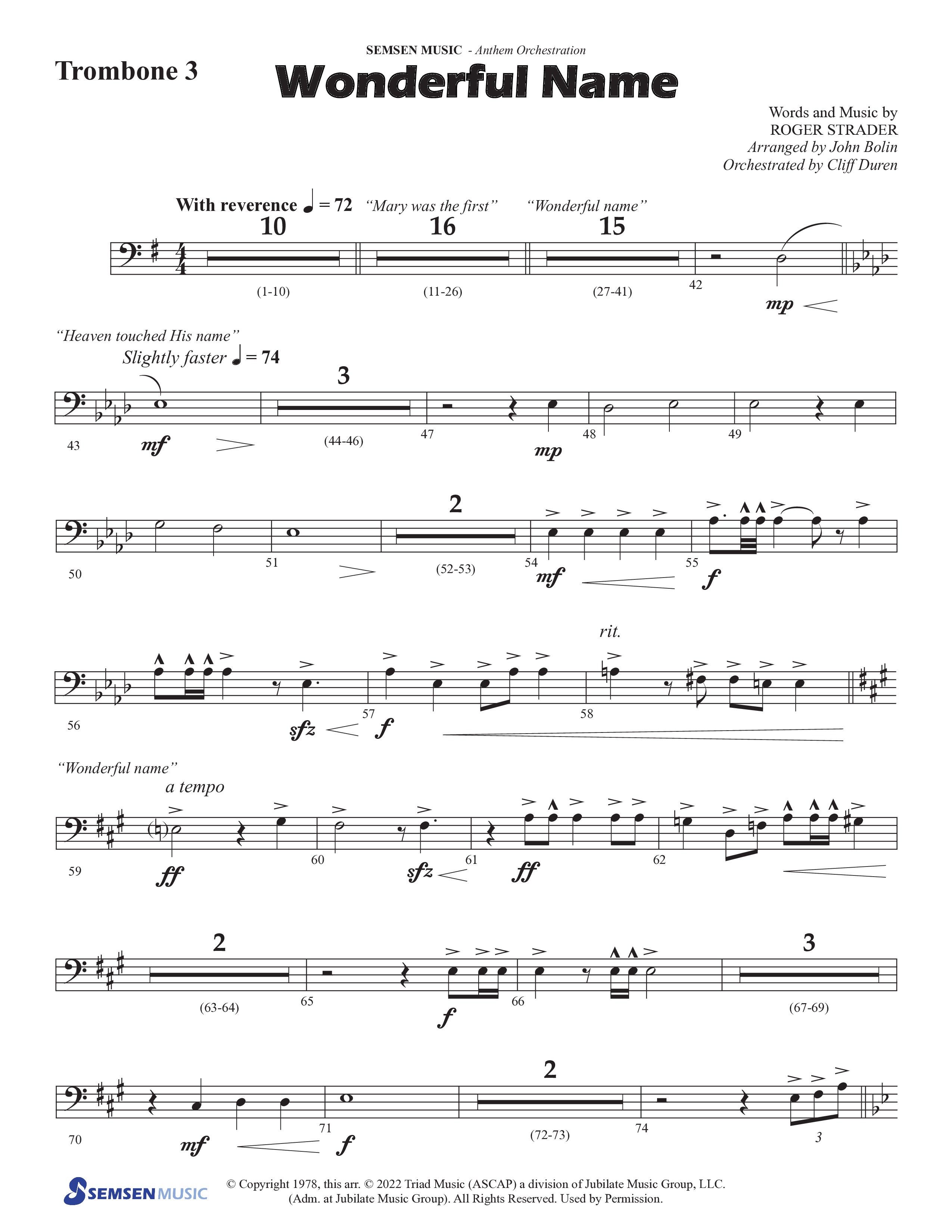 Wonderful Name (Choral Anthem SATB) Trombone 3 (Semsen Music / Arr. John Bolin / Orch. Cliff Duren)