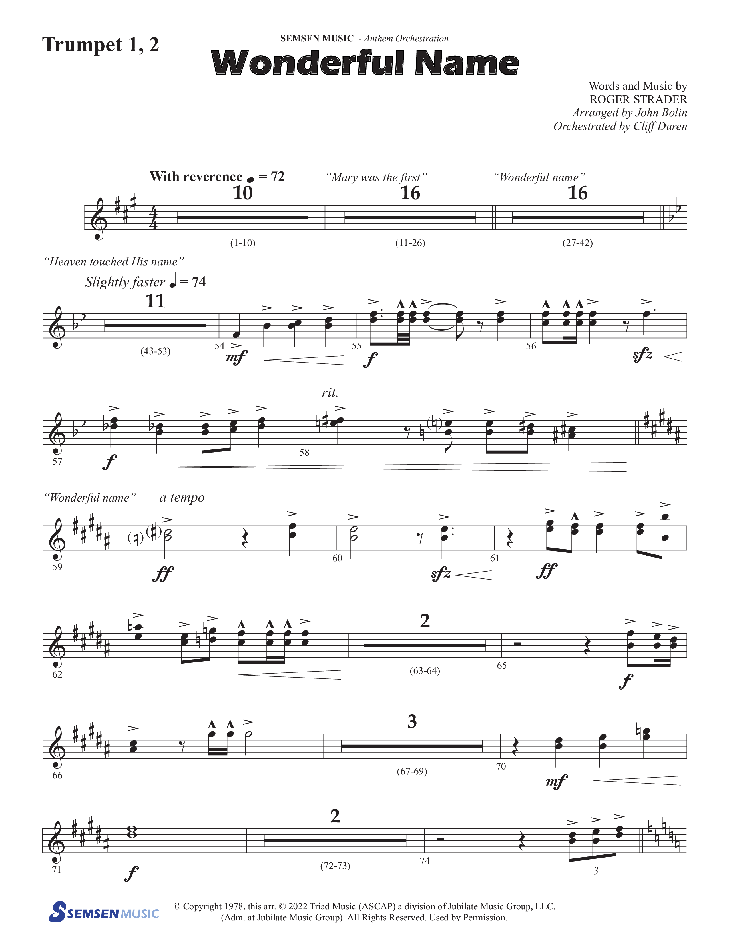 Wonderful Name (Choral Anthem SATB) Trumpet 1,2 (Semsen Music / Arr. John Bolin / Orch. Cliff Duren)