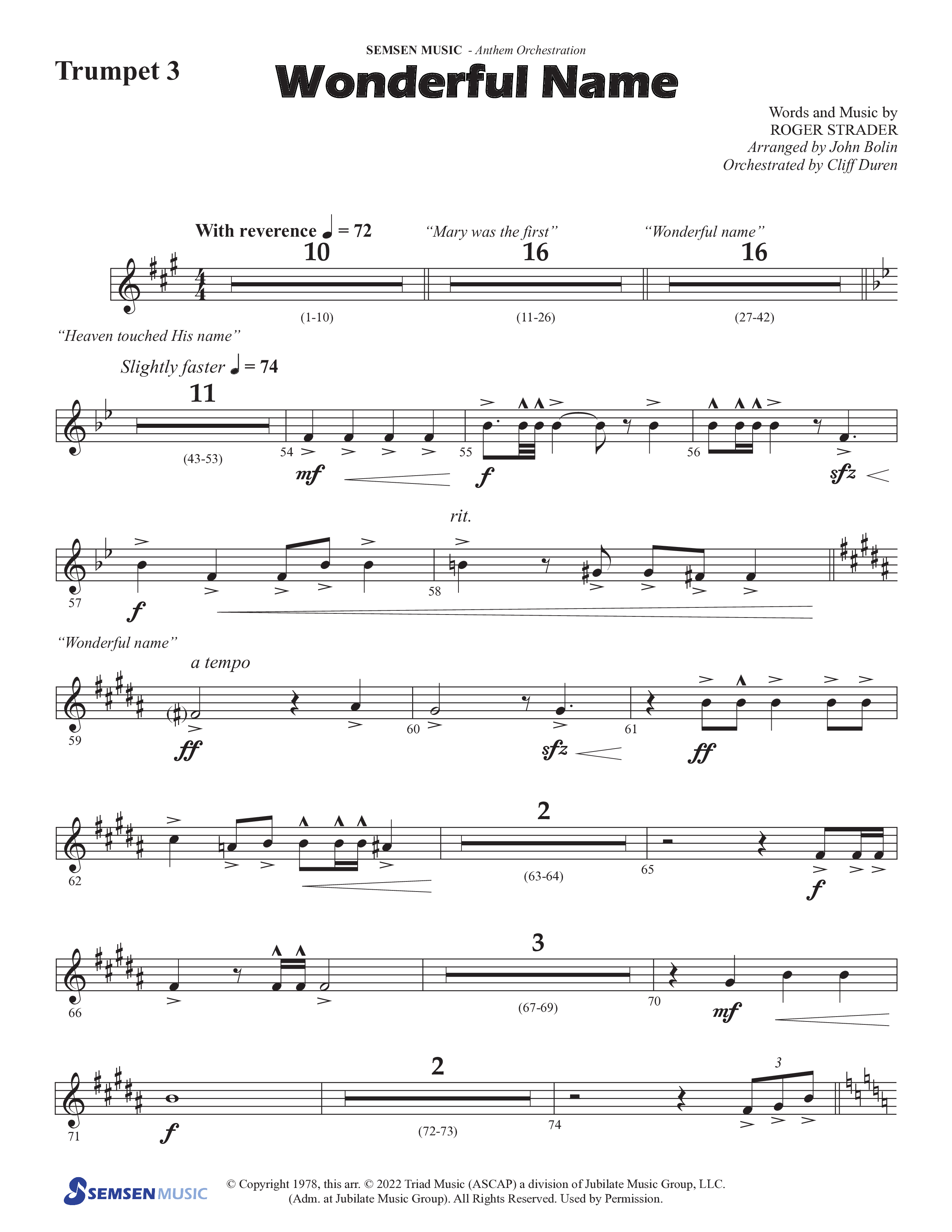 Wonderful Name (Choral Anthem SATB) Trumpet 3 (Semsen Music / Arr. John Bolin / Orch. Cliff Duren)