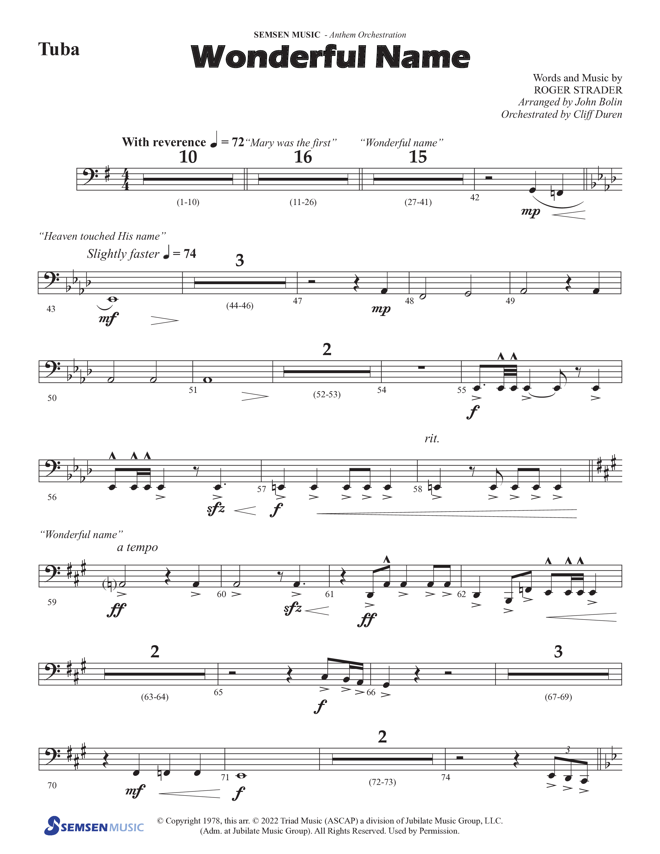 Wonderful Name (Choral Anthem SATB) Tuba (Semsen Music / Arr. John Bolin / Orch. Cliff Duren)