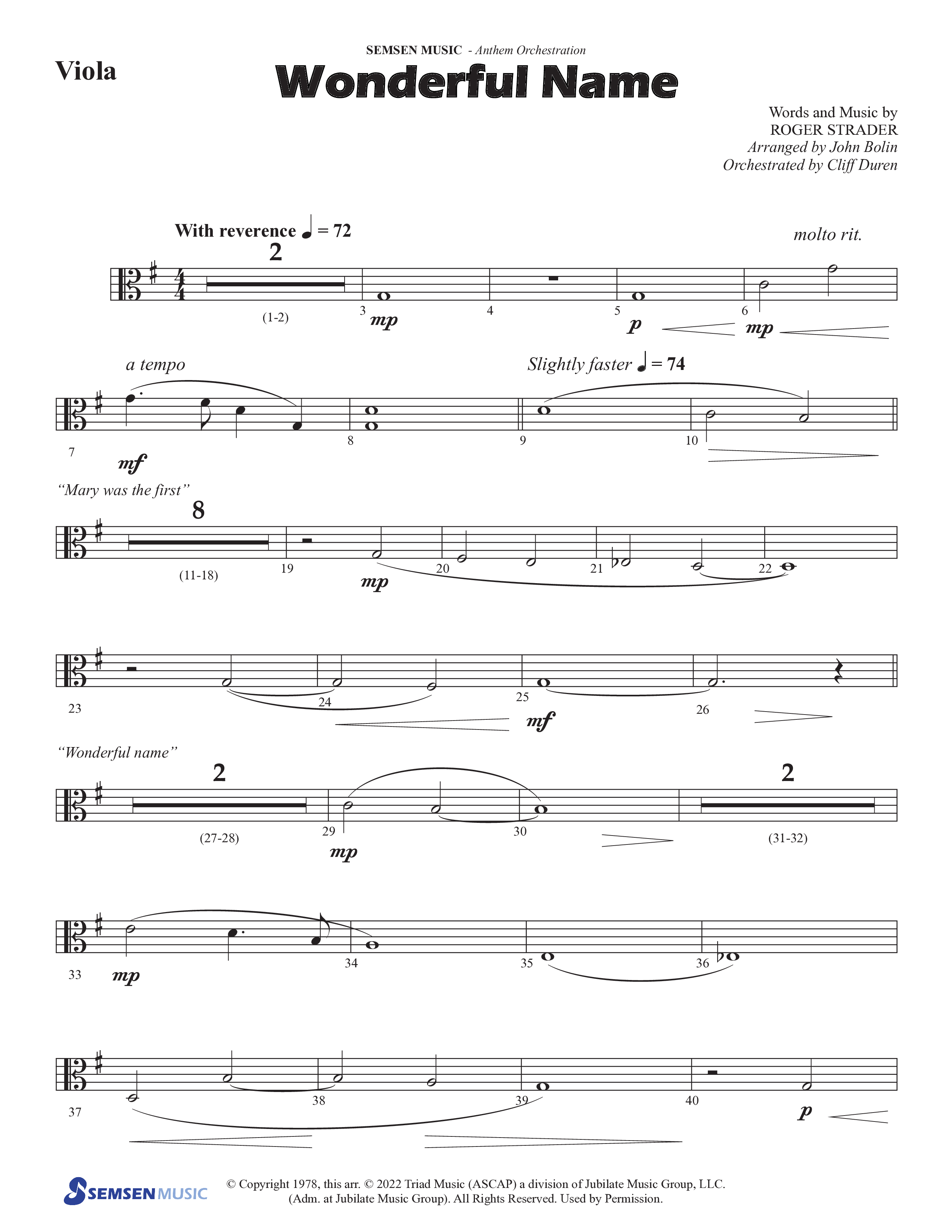 Wonderful Name (Choral Anthem SATB) Viola (Semsen Music / Arr. John Bolin / Orch. Cliff Duren)