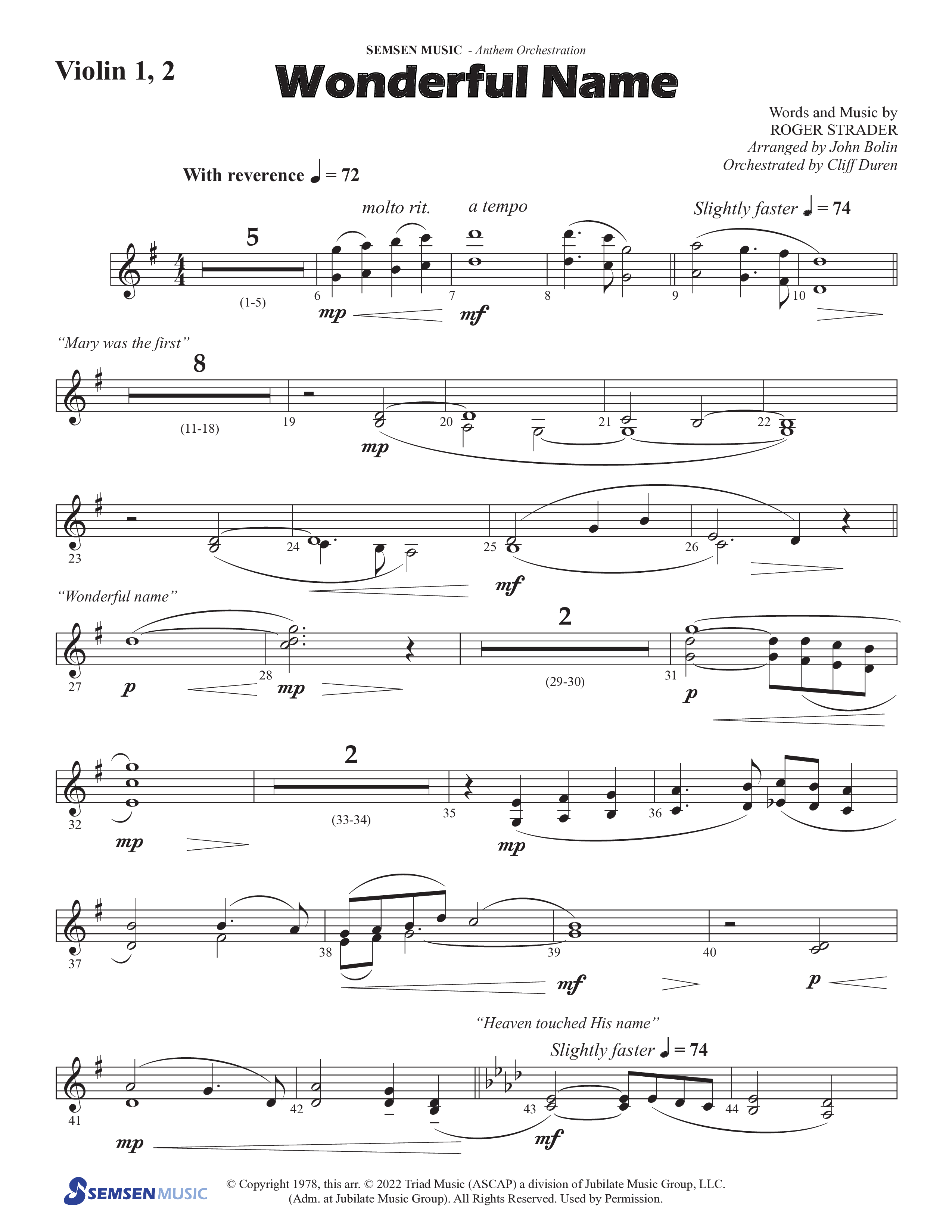 Wonderful Name (Choral Anthem SATB) Violin 1/2 (Semsen Music / Arr. John Bolin / Orch. Cliff Duren)