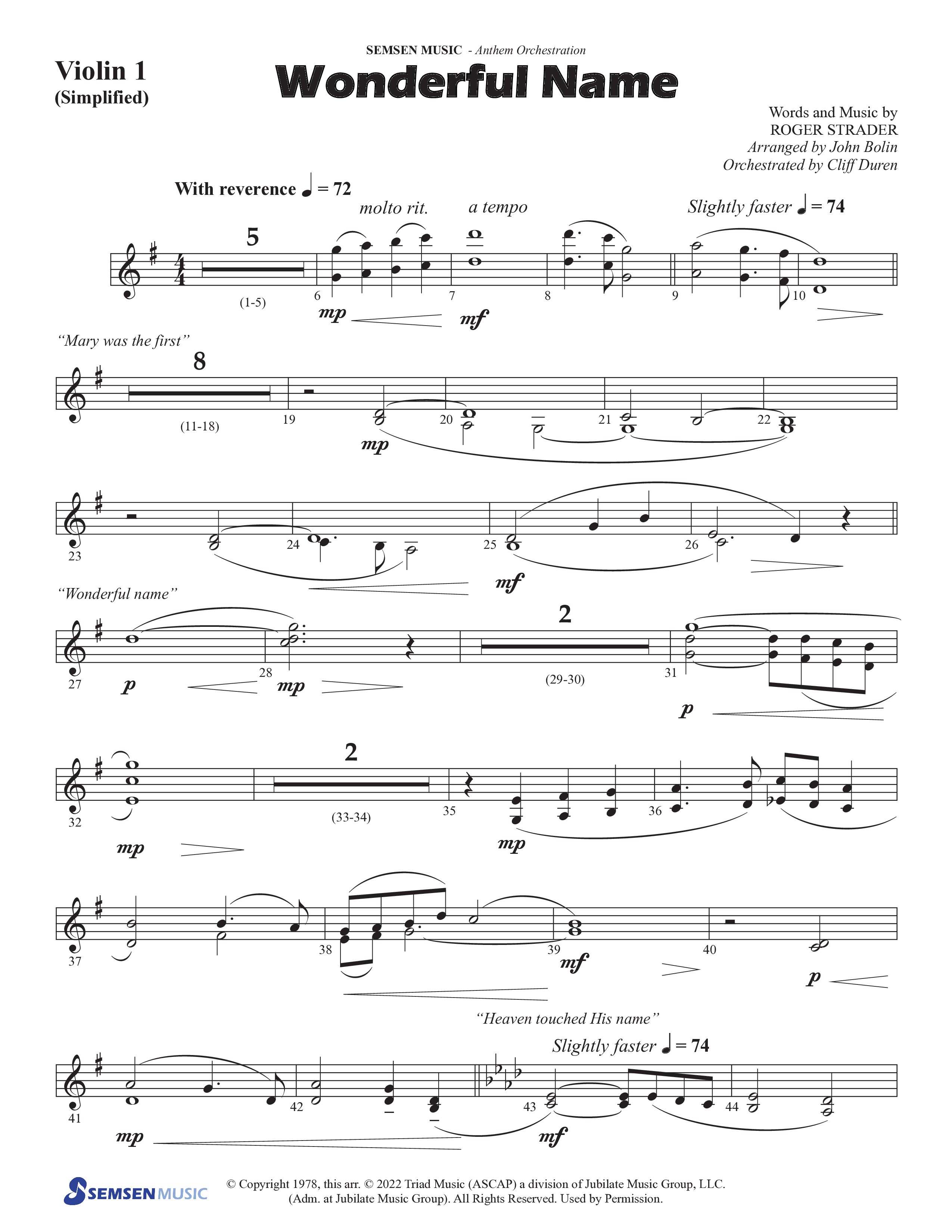 Wonderful Name (Choral Anthem SATB) Violin 1 (Semsen Music / Arr. John Bolin / Orch. Cliff Duren)