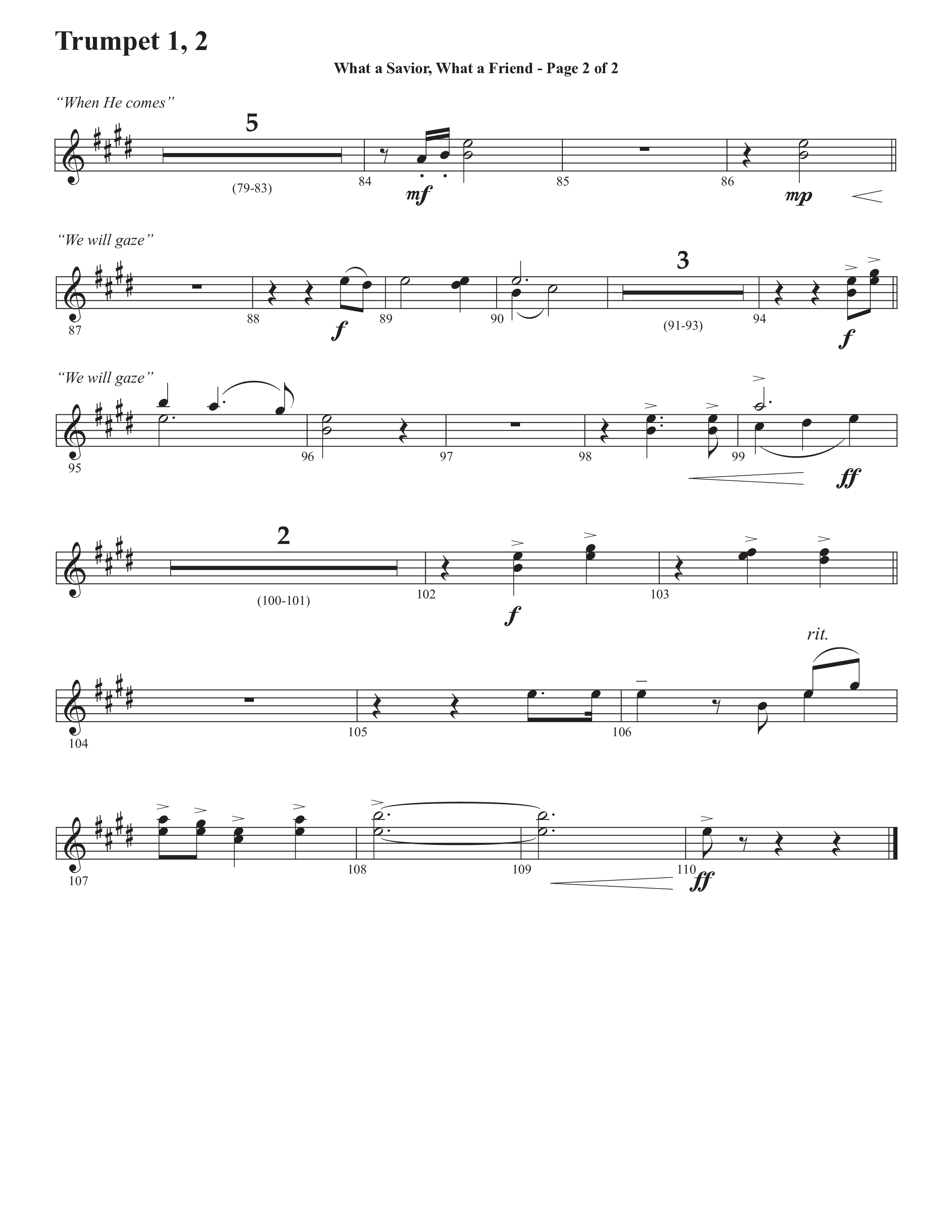 What A Savior What A Friend (Choral Anthem SATB) Trumpet 1,2 (Semsen Music / Arr. John Bolin / Orch. David Shipps)
